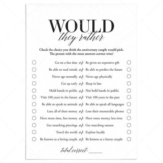 Fun Anniversary Party Game Would They Rather Printable by LittleSizzle