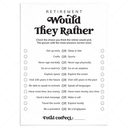 Retirement Would They Rather Questions Printable by LittleSizzle
