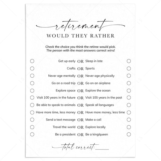 Would The Retiree Rather Printable Retirement Party Games by LittleSizzle