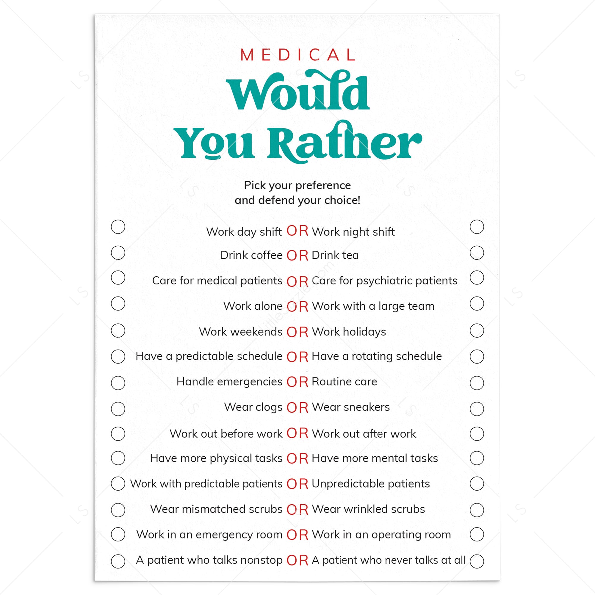 Medical Would You Rather Questions Printable by LittleSizzle