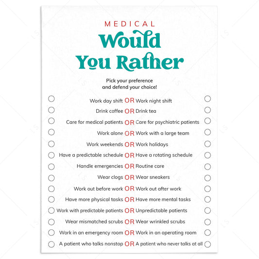Medical Would You Rather Questions Printable by LittleSizzle