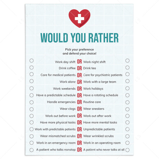 Printable Nurse Would You Rather Game This or That by LittleSizzle