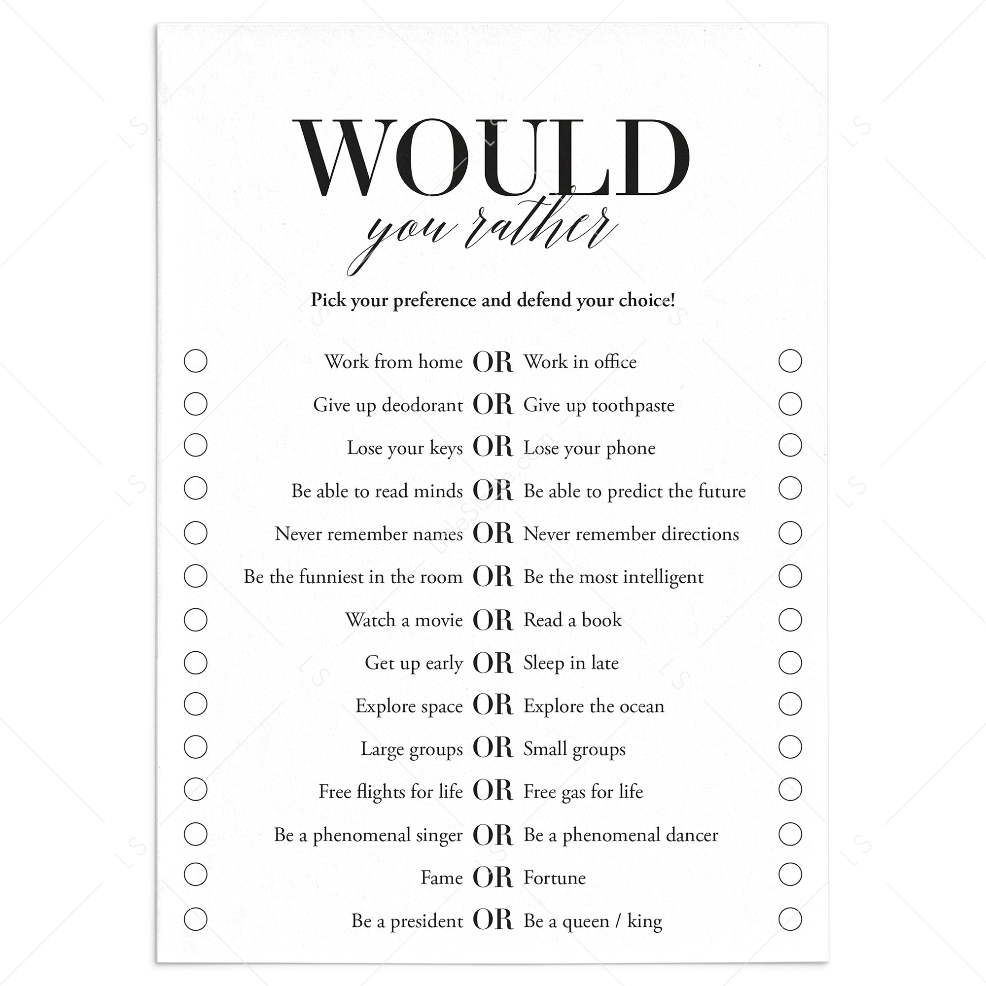 Office Would You Rather Questions Printable  14 This or That Questions –  LittleSizzle