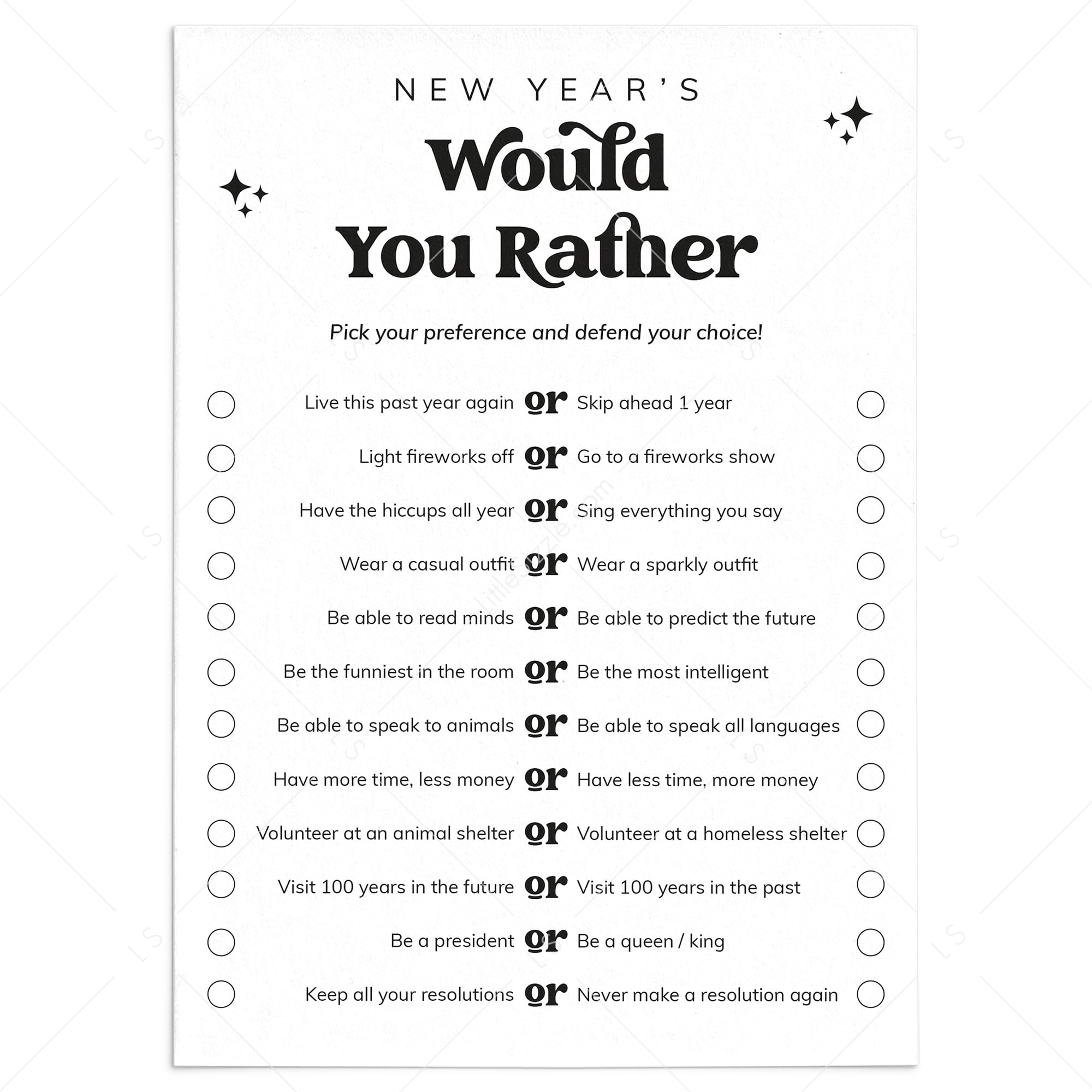 New Year's Eve Would You Rather Questions Printable by LittleSizzle