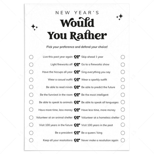 New Year's Eve Would You Rather Questions Printable by LittleSizzle