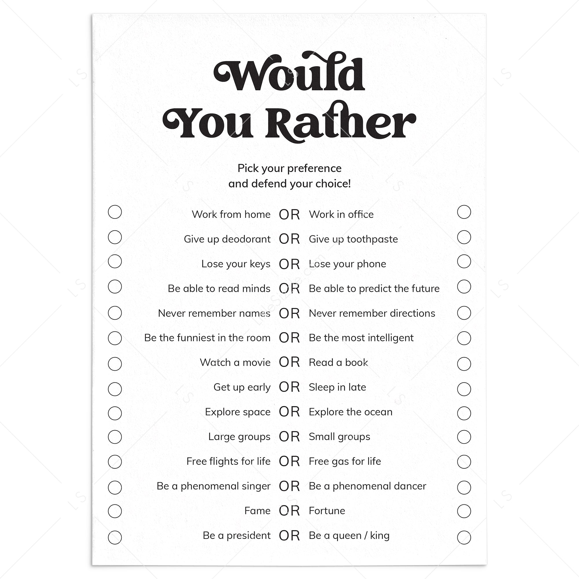 Printable Office Party Game Would You Rather by LittleSizzle