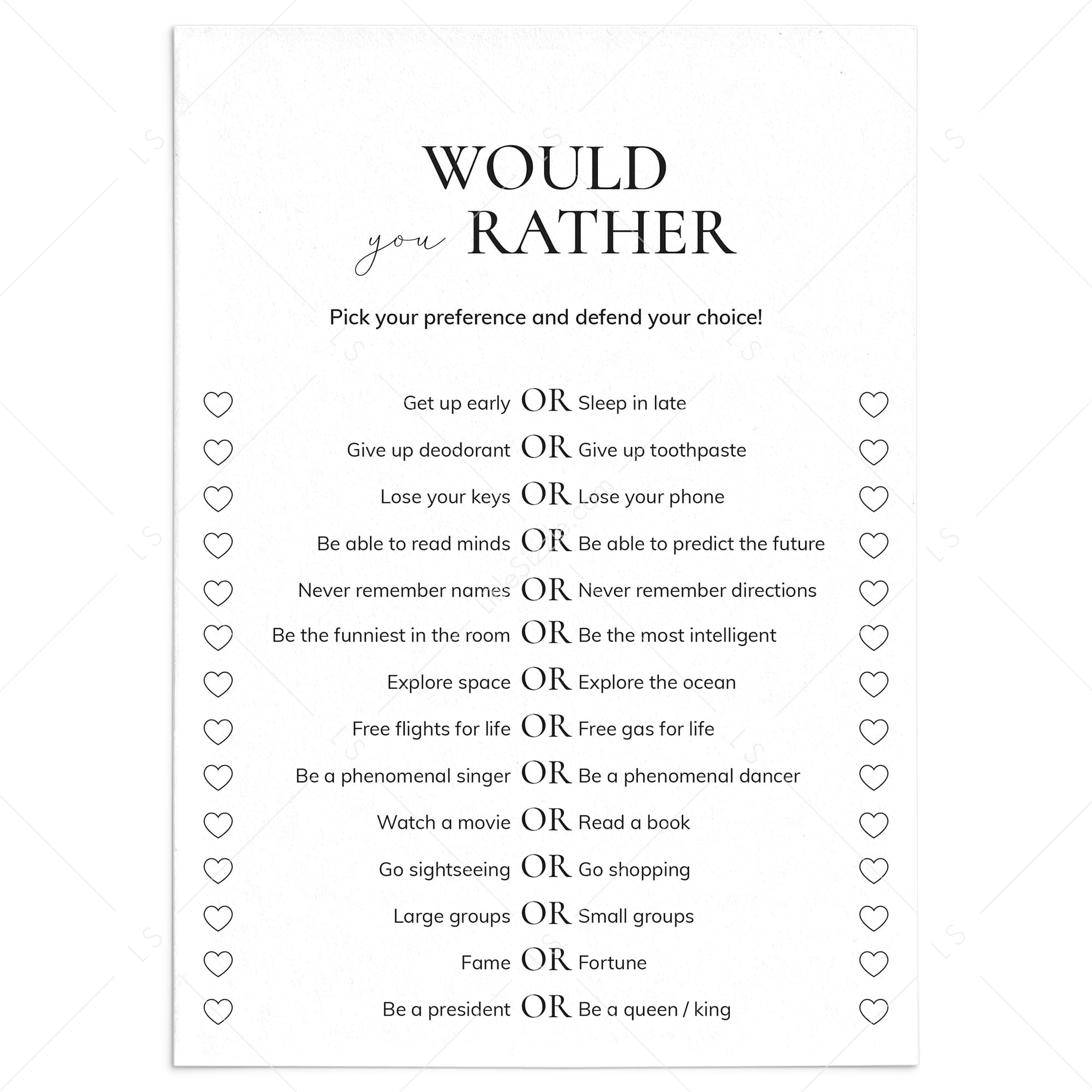 Icebreaker Would You Rather Questions for Adults Printable by LittleSizzle