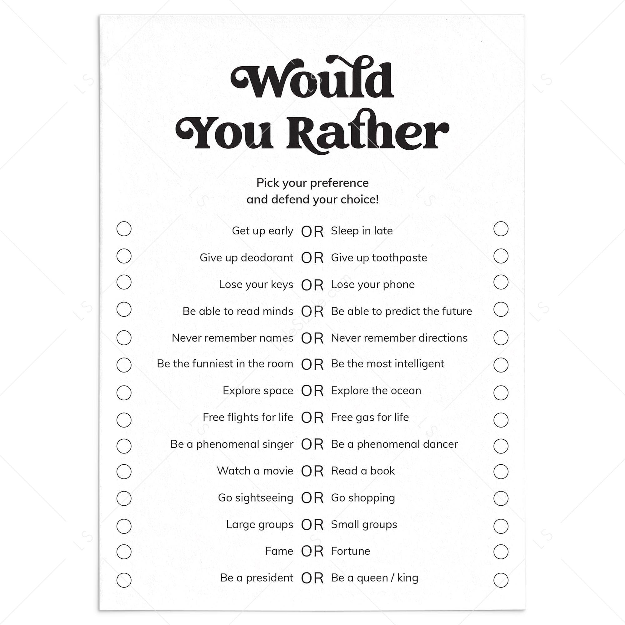 Would You Rather Questions for Adults Printable Icebreaker by LittleSizzle