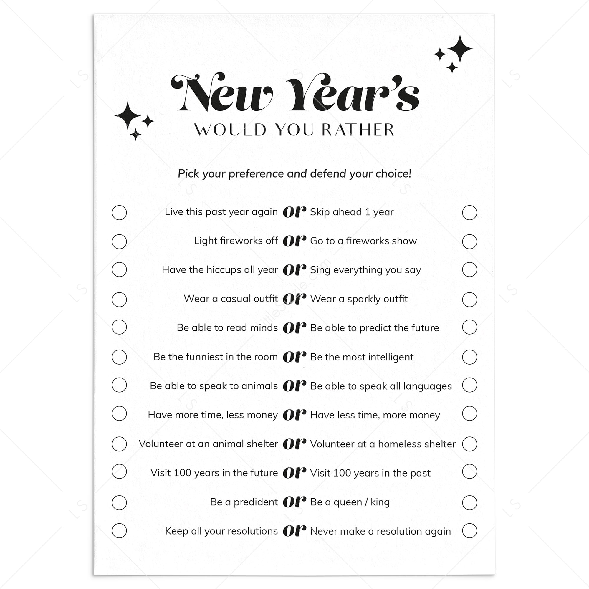 New Year's Eve Would You Rather Questions Printable LittleSizzle