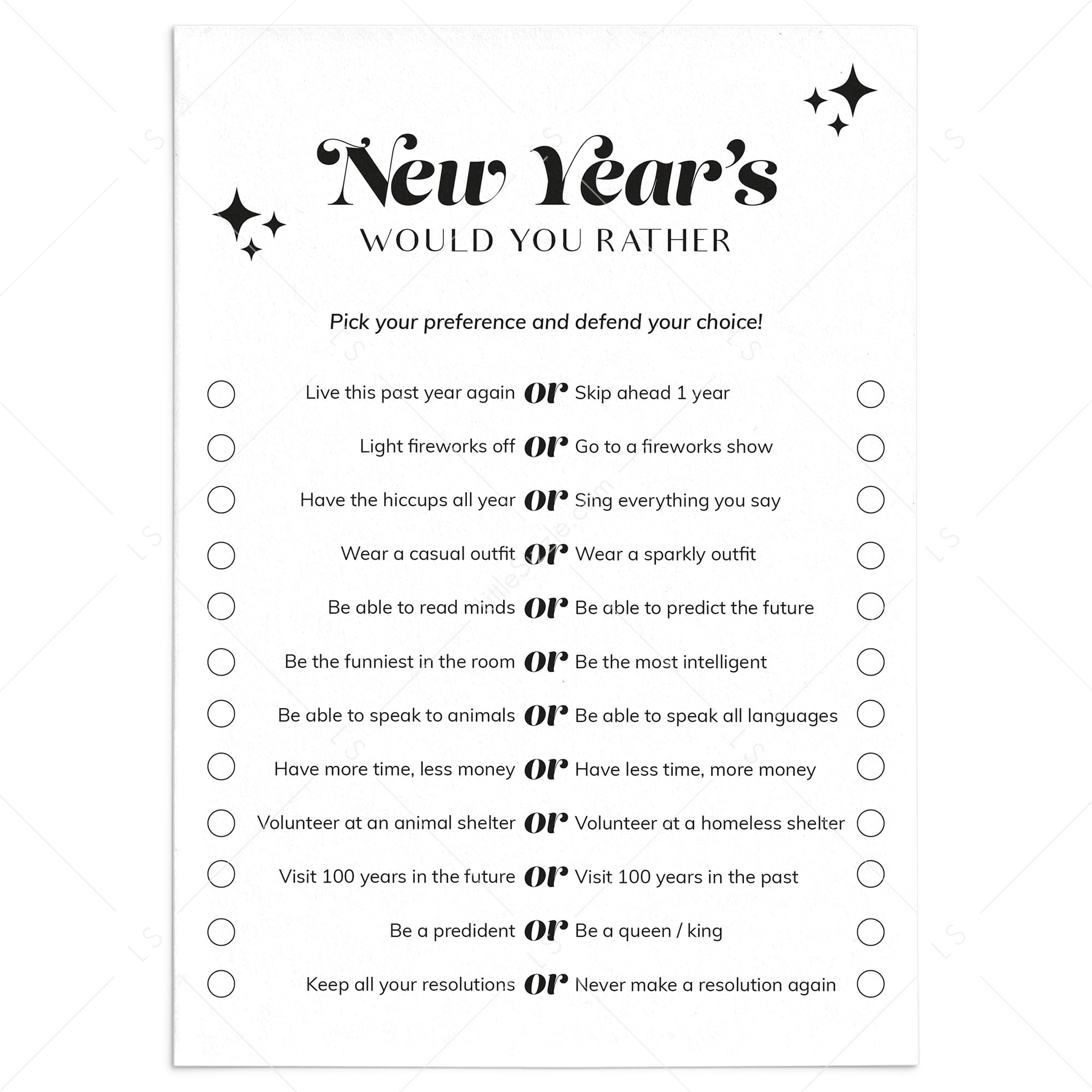 New Year's Eve Would You Rather Questions Printable