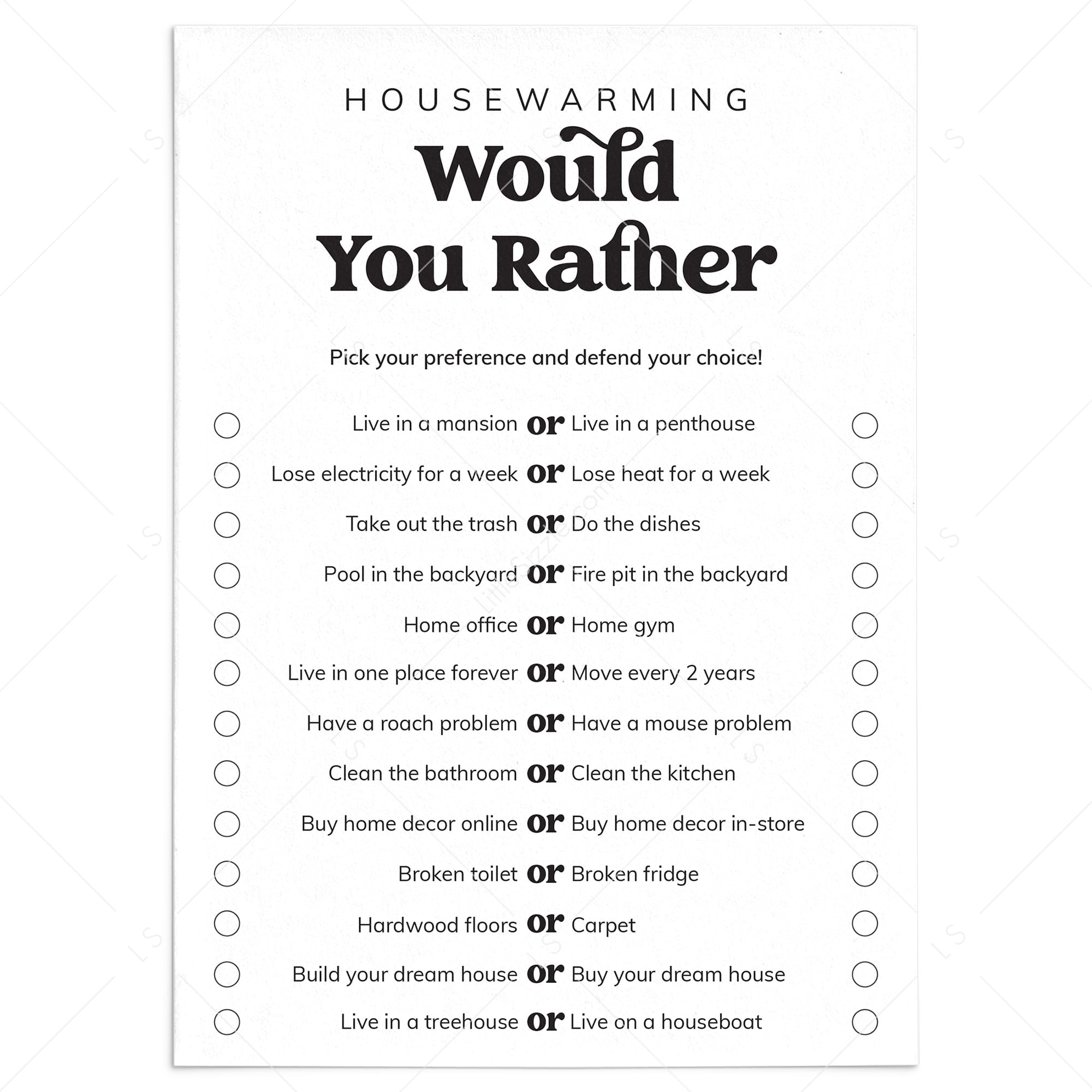 Housewarming Would You Rather Game Digital Download by LittleSizzle