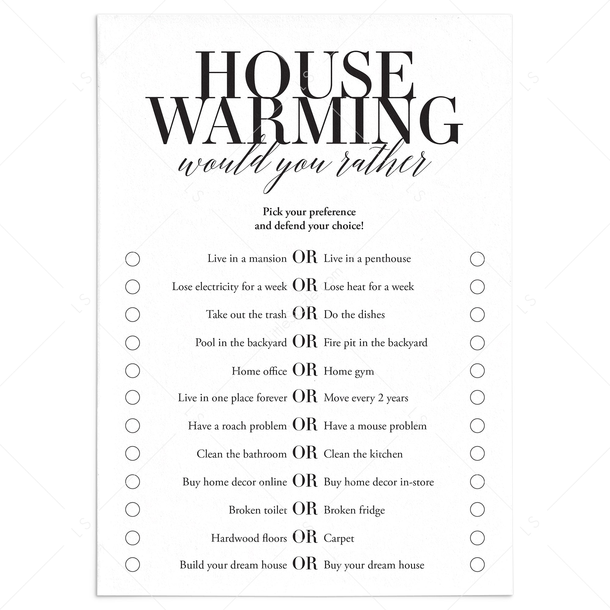 Housewarming Would You Rather Questions Printable by LittleSizzle