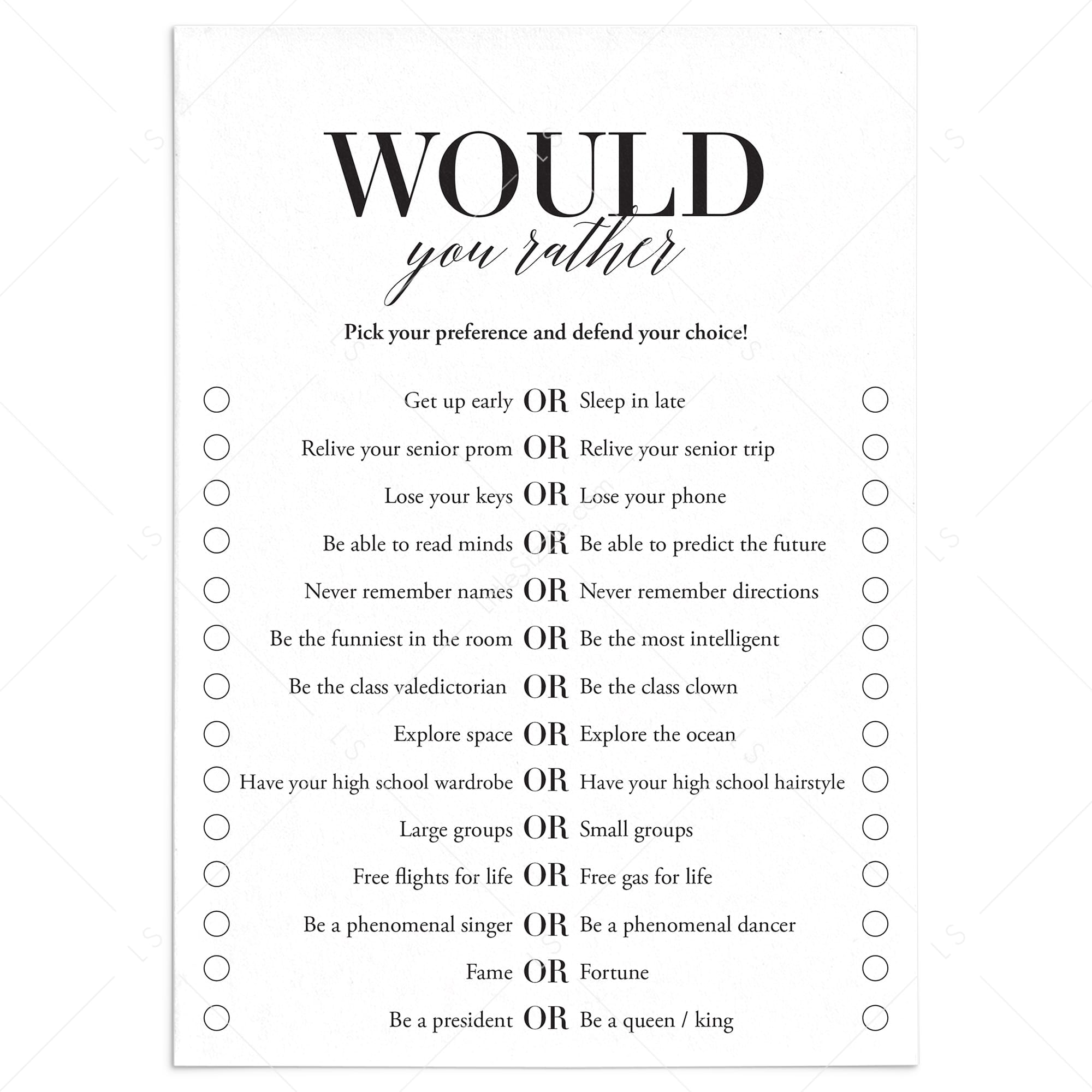 Would You Rather Questions for a Class Reunion | Printable Cards by LittleSizzle
