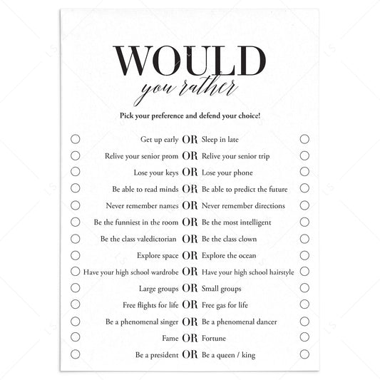 Would You Rather Questions for a Class Reunion | Printable Cards by LittleSizzle