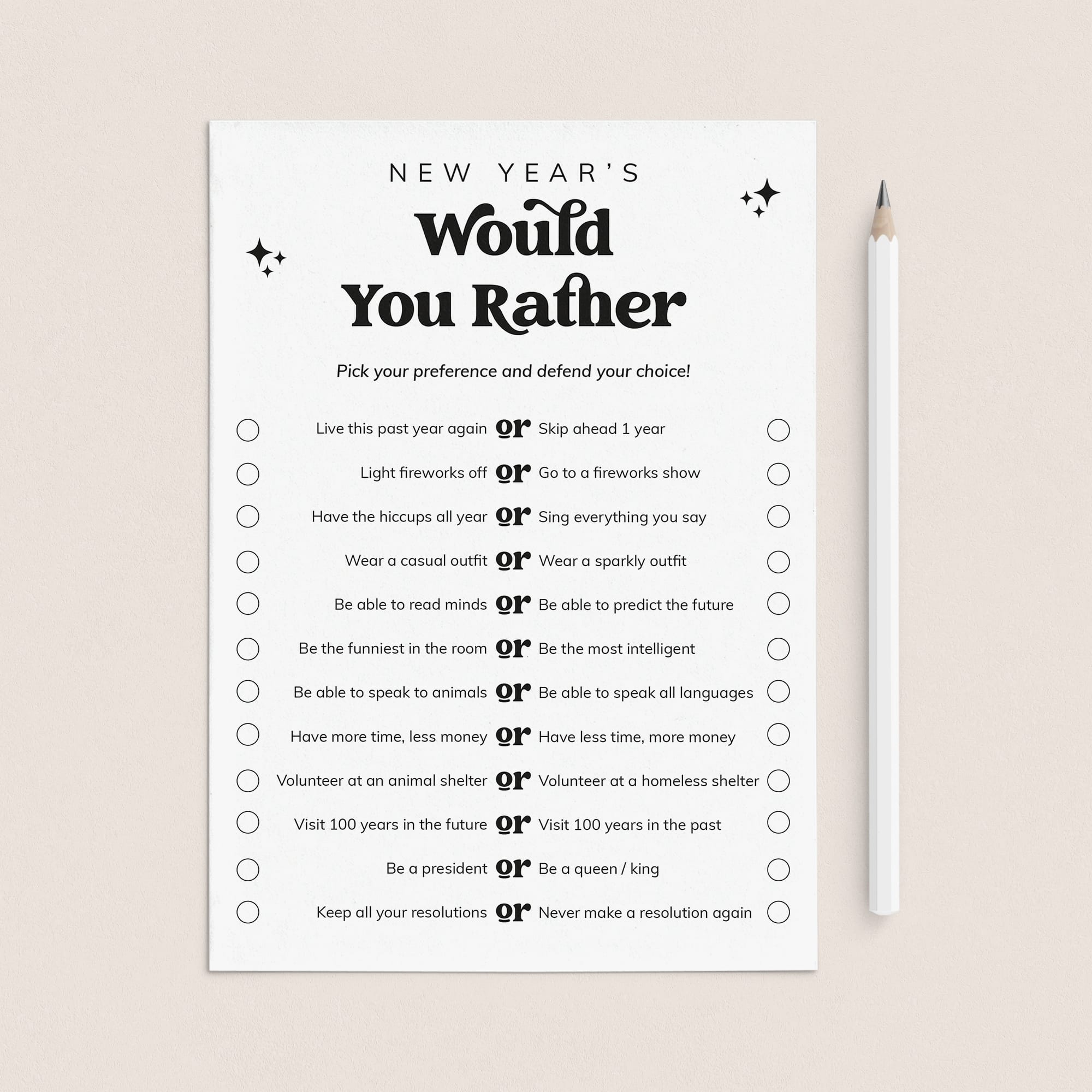 New Year's Eve Would You Rather Questions Printable by LittleSizzle