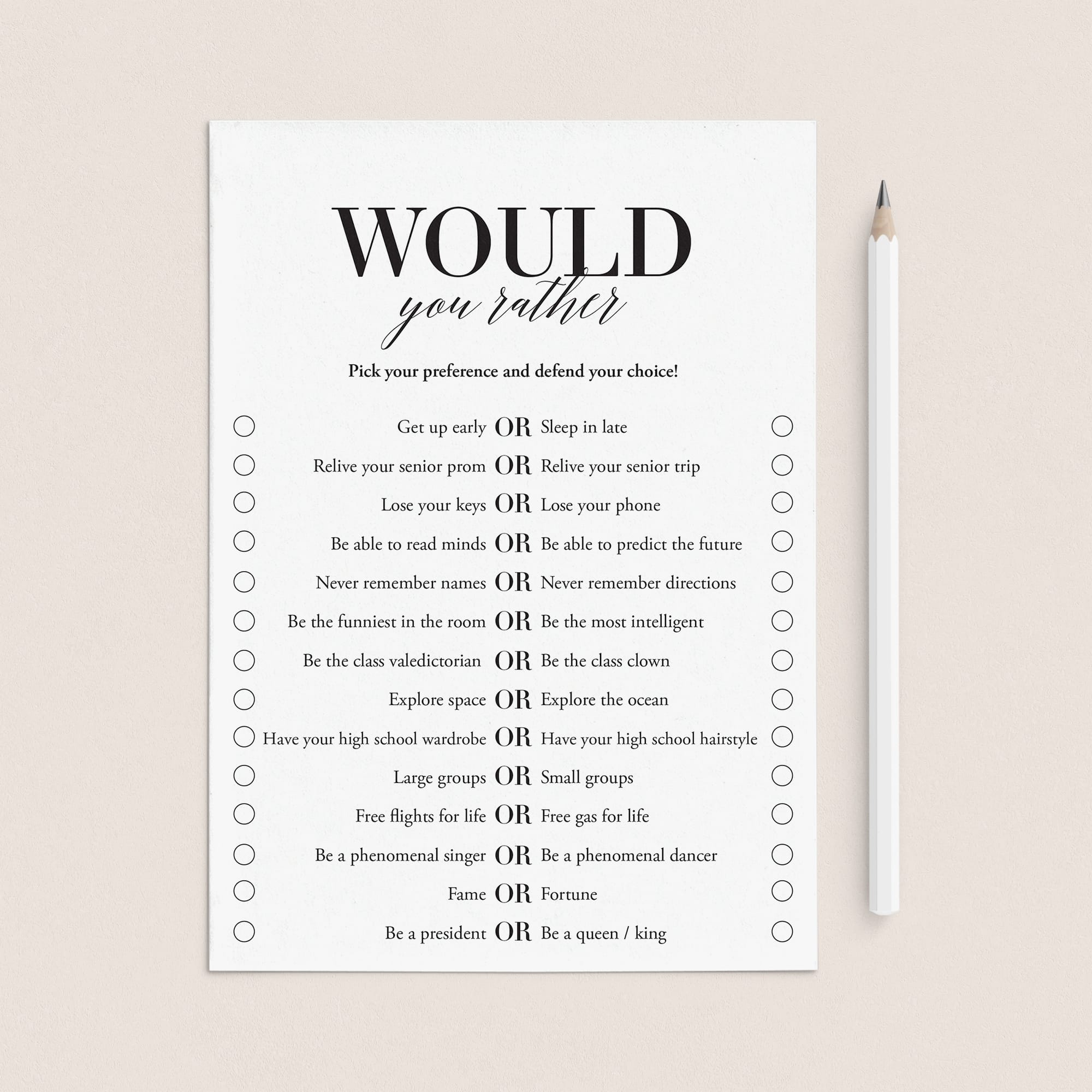 Would You Rather Questions for a Class Reunion | Printable Cards by LittleSizzle