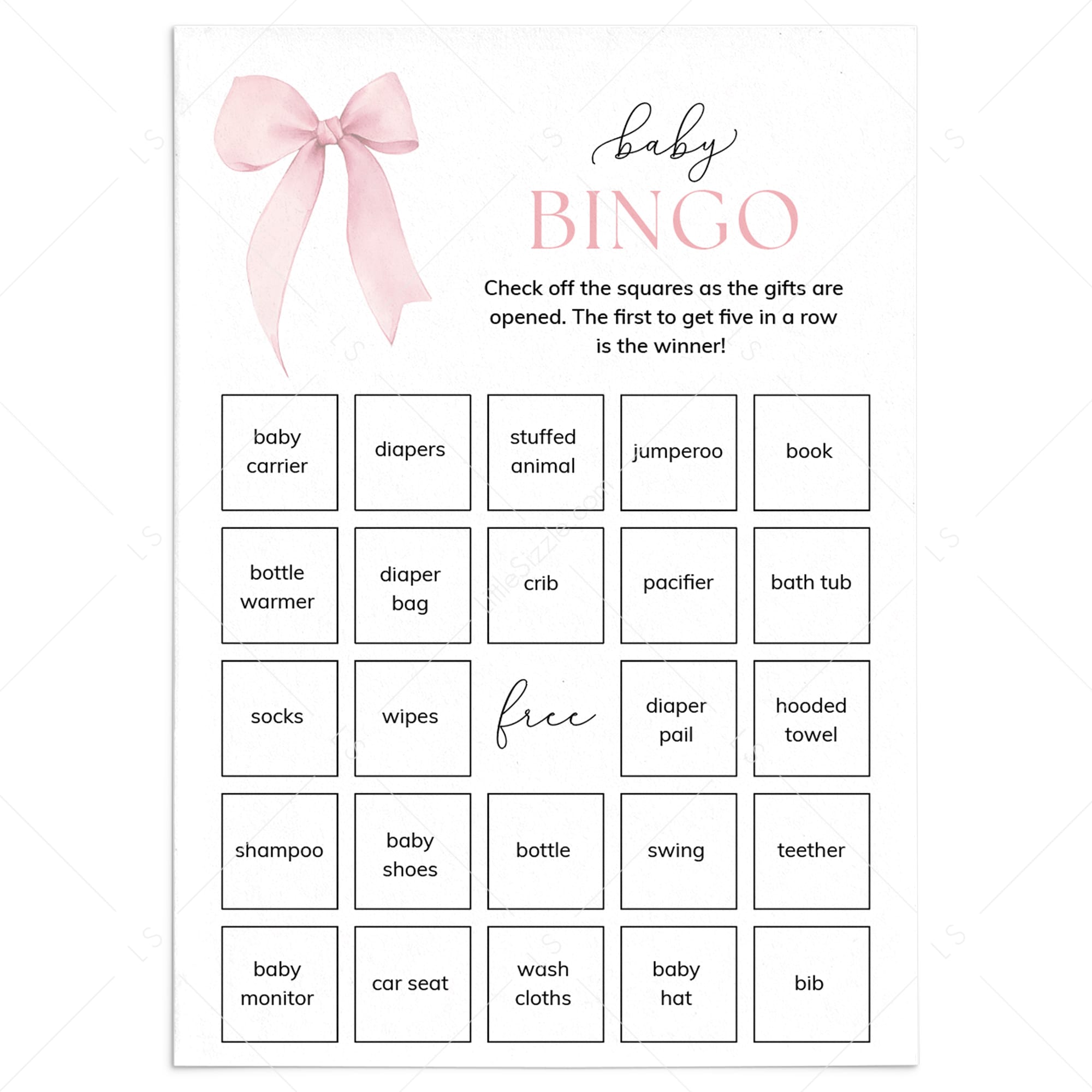 Coquette Baby Shower Bingo Printable Pink Bow Theme by LittleSizzle