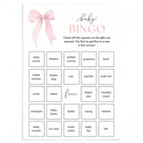Coquette Baby Shower Bingo Printable Pink Bow Theme by LittleSizzle