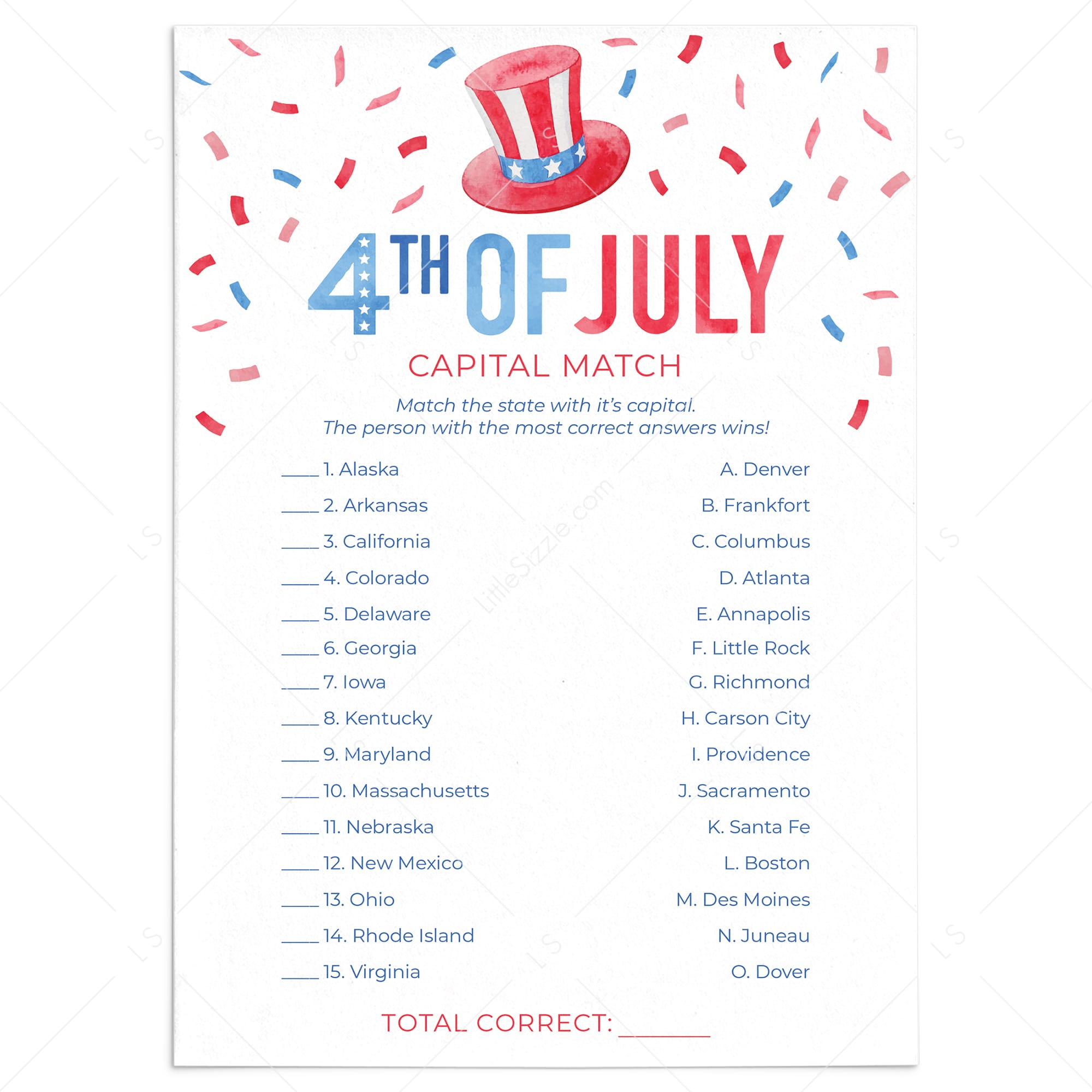 4th of July Game US Capital Match with Answers by LittleSizzle
