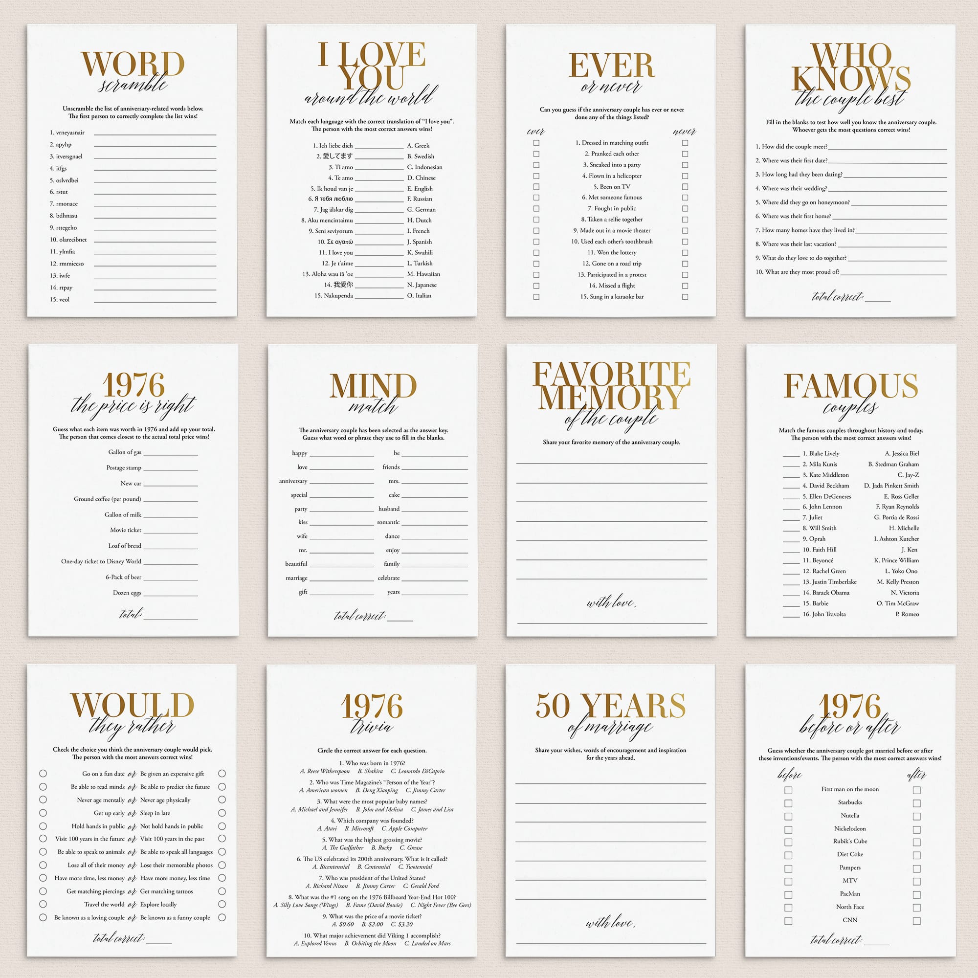Married In 1976 50th Wedding Anniversary Party Games Bundle Golden by LittleSizzle