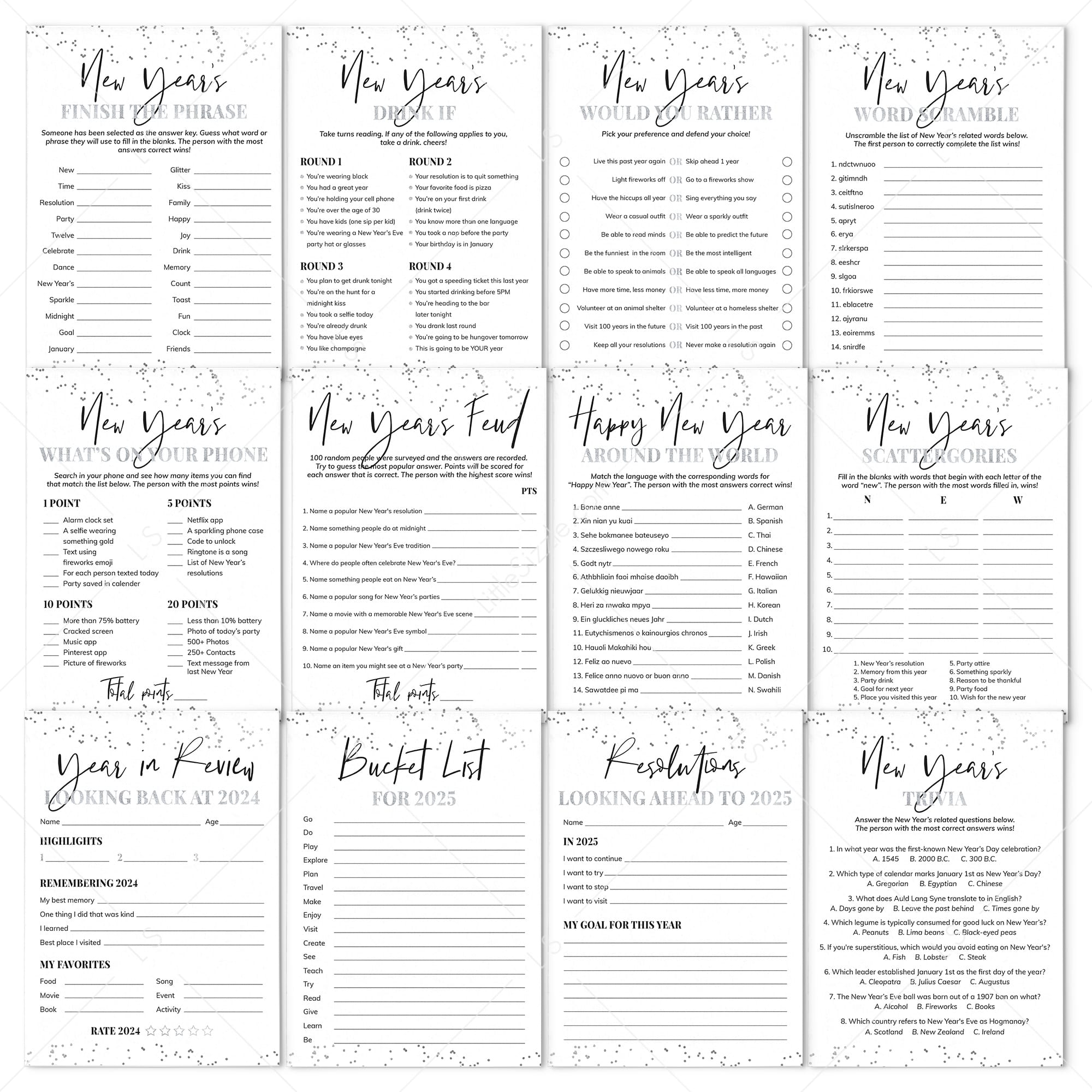 2025 New Year's Games Bundle Silver | 12 New Year's Party Game Ideas