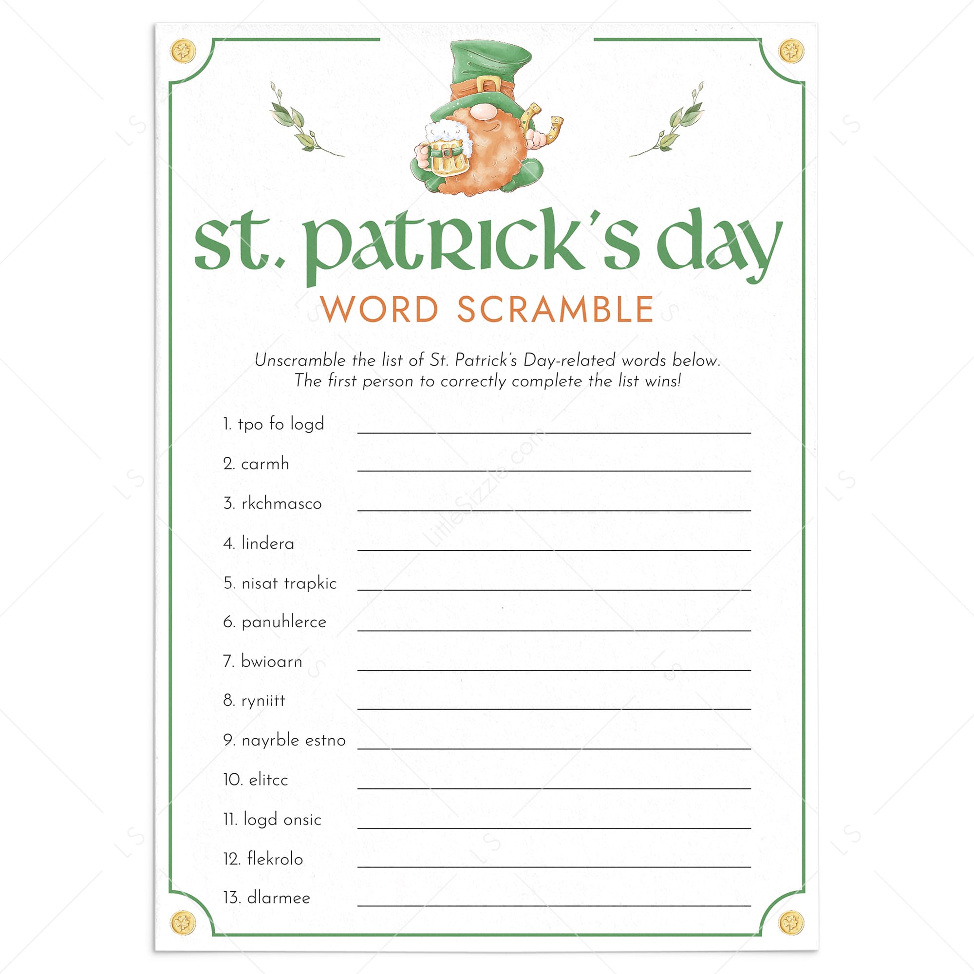 St Patricks Day Word Scramble with Answer Key Printable by LittleSizzle