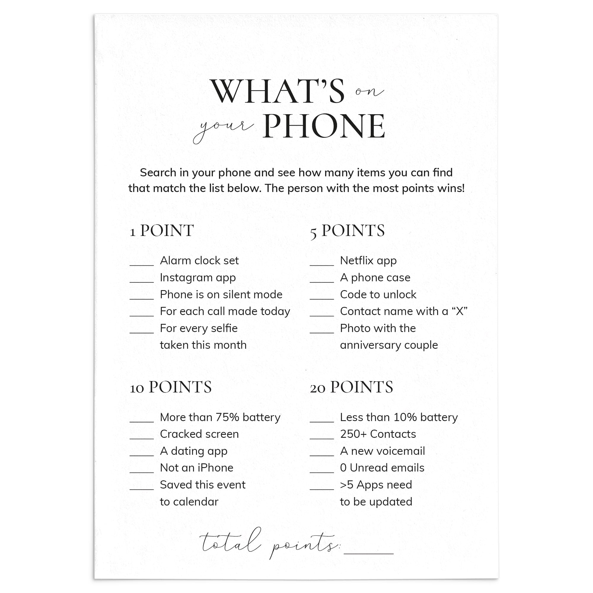 Anniversary Party Game What's On Your Phone Printable by LittleSizzle
