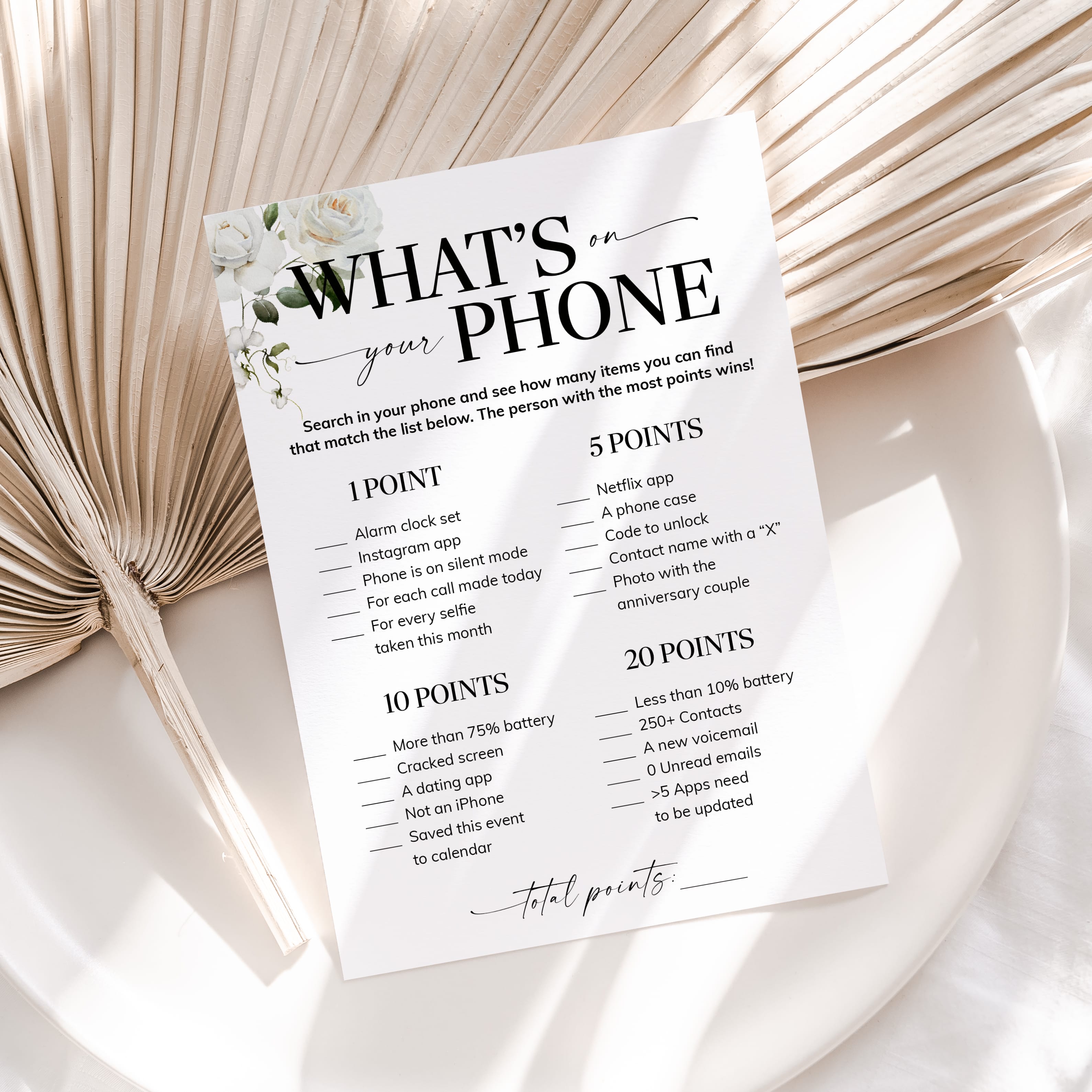 What's On Your Phone Anniversary Party Game White Floral by LittleSizzle