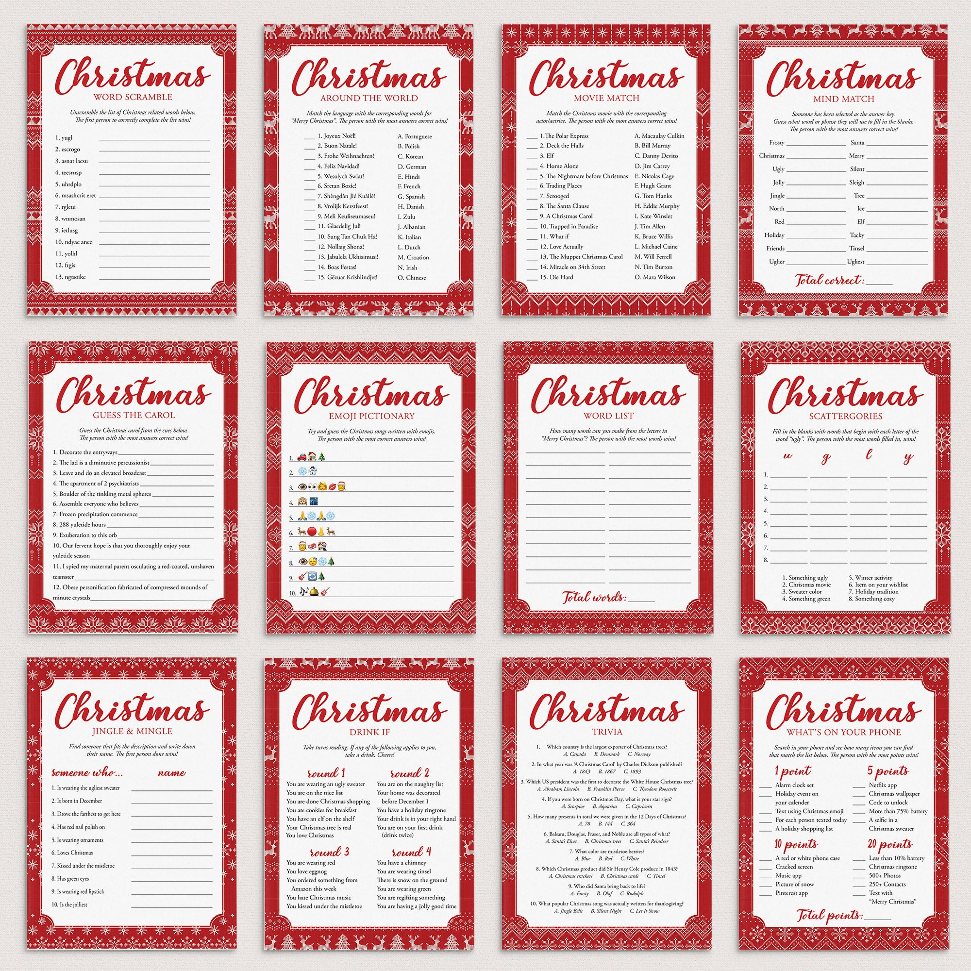 Printable Christmas Party Games with Knitted Sweater Pattern by LittleSizzle