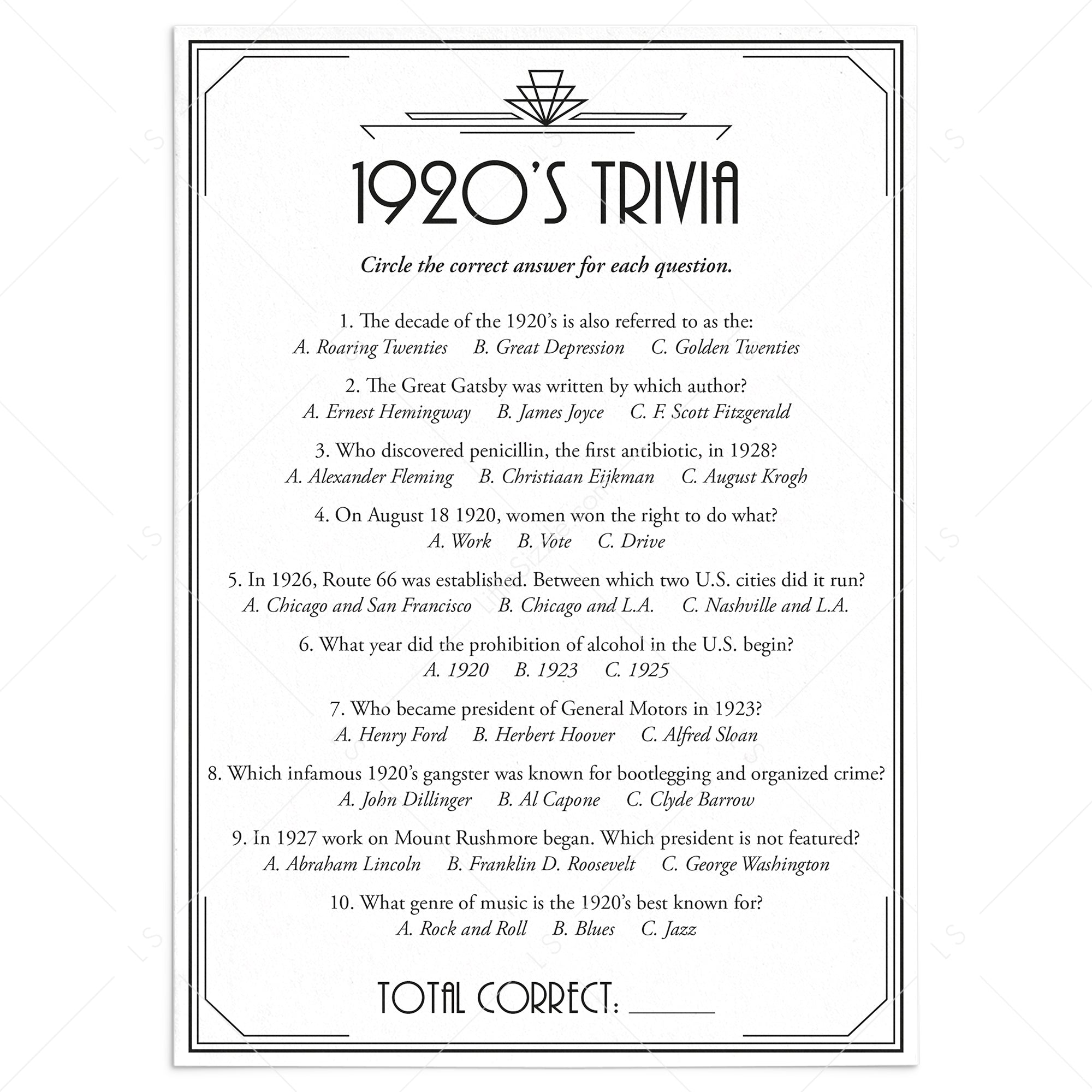 1920's Trivia Questions and Answers Printable by LittleSizzle