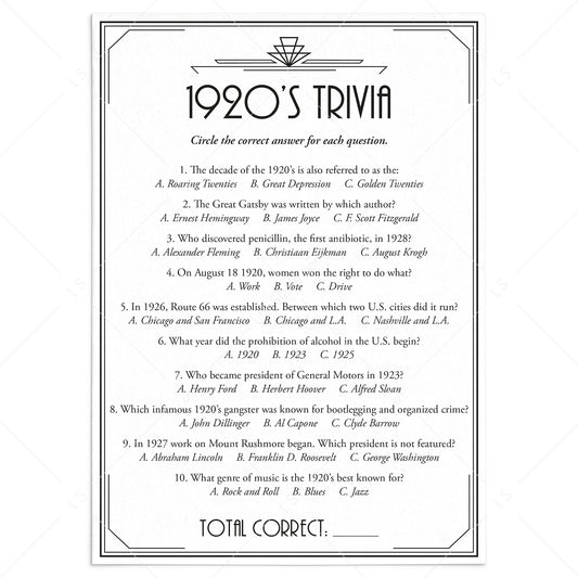 1920's Trivia Questions and Answers Printable by LittleSizzle