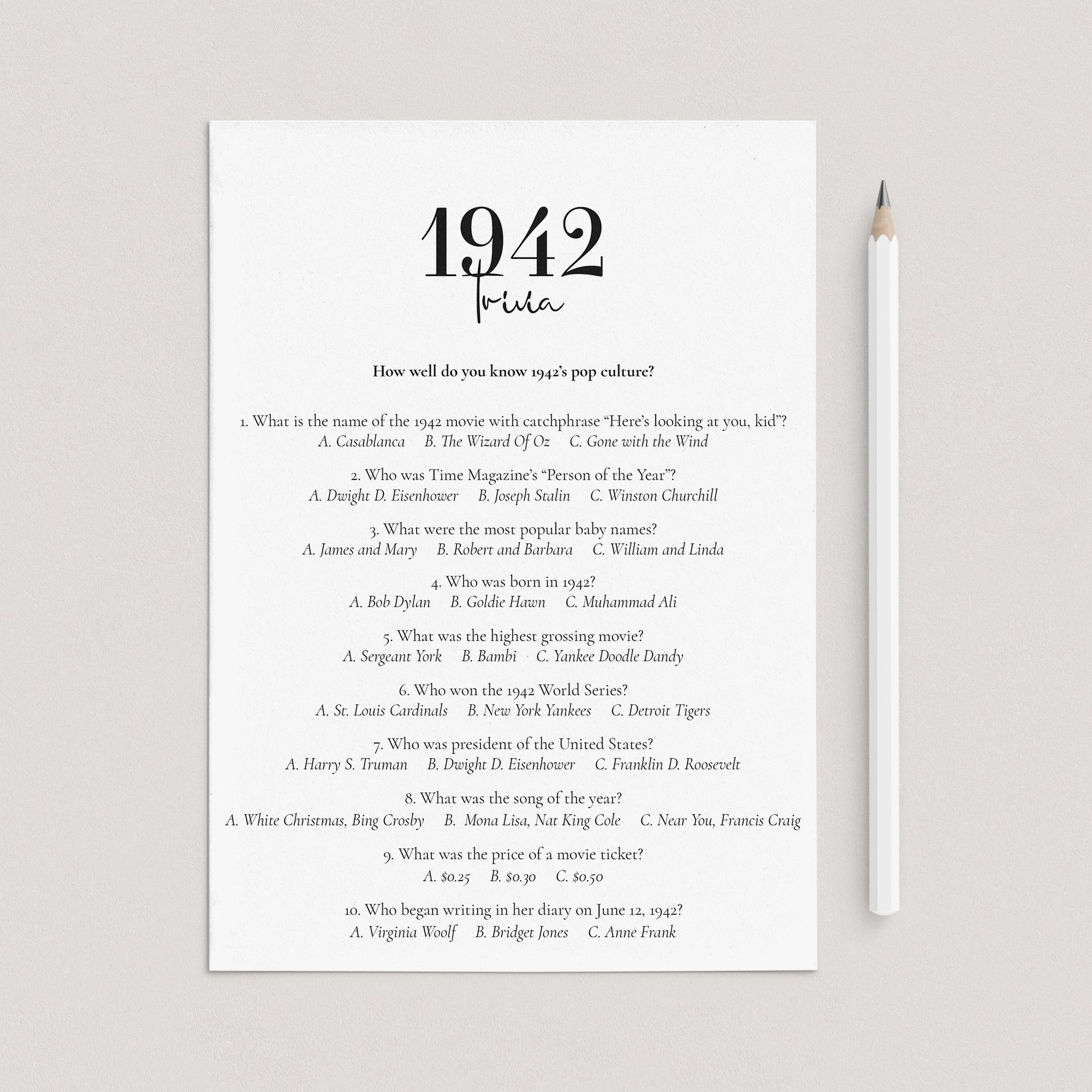 1942 Trivia with Answers Printable by LittleSizzle