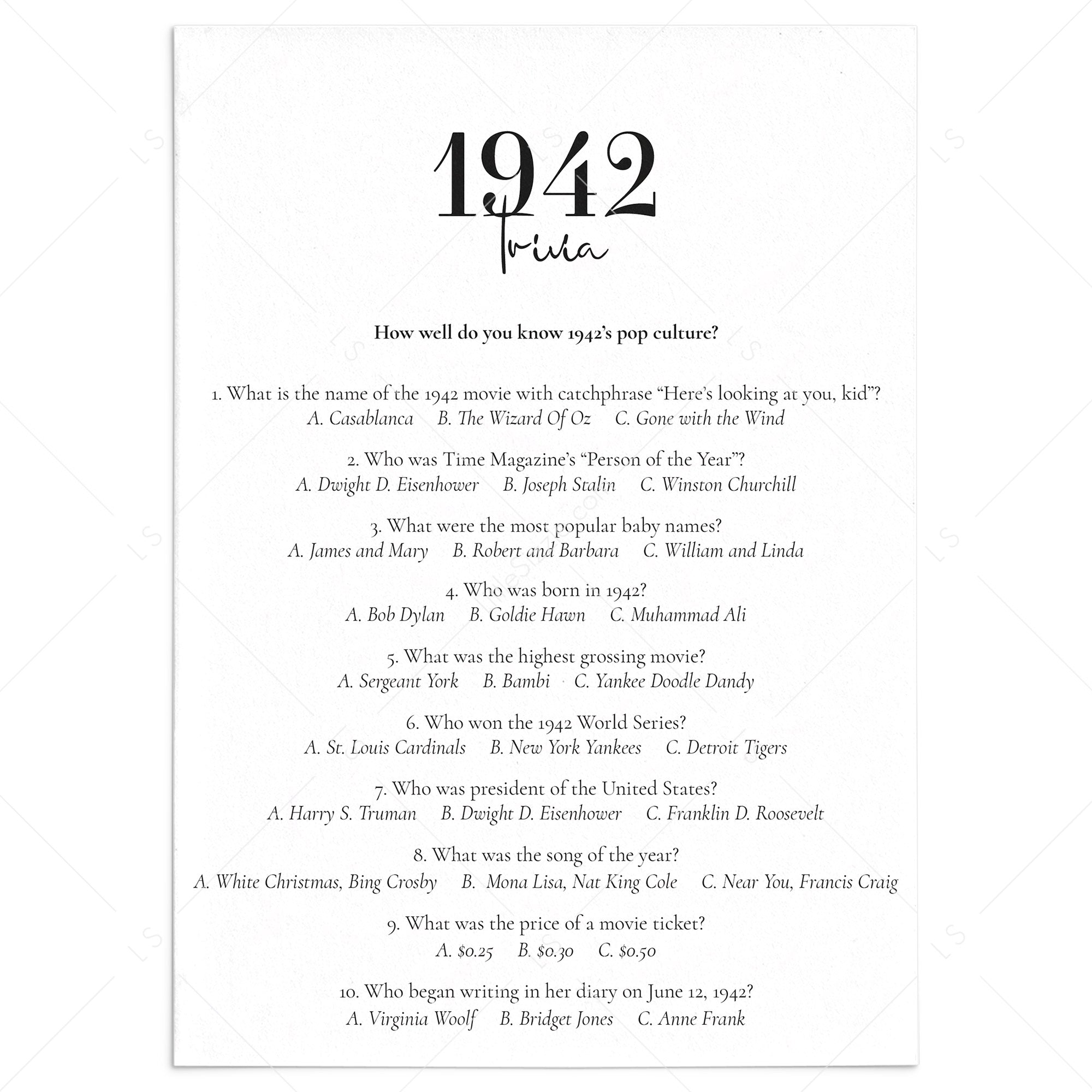 1942 Trivia with Answers Printable by LittleSizzle