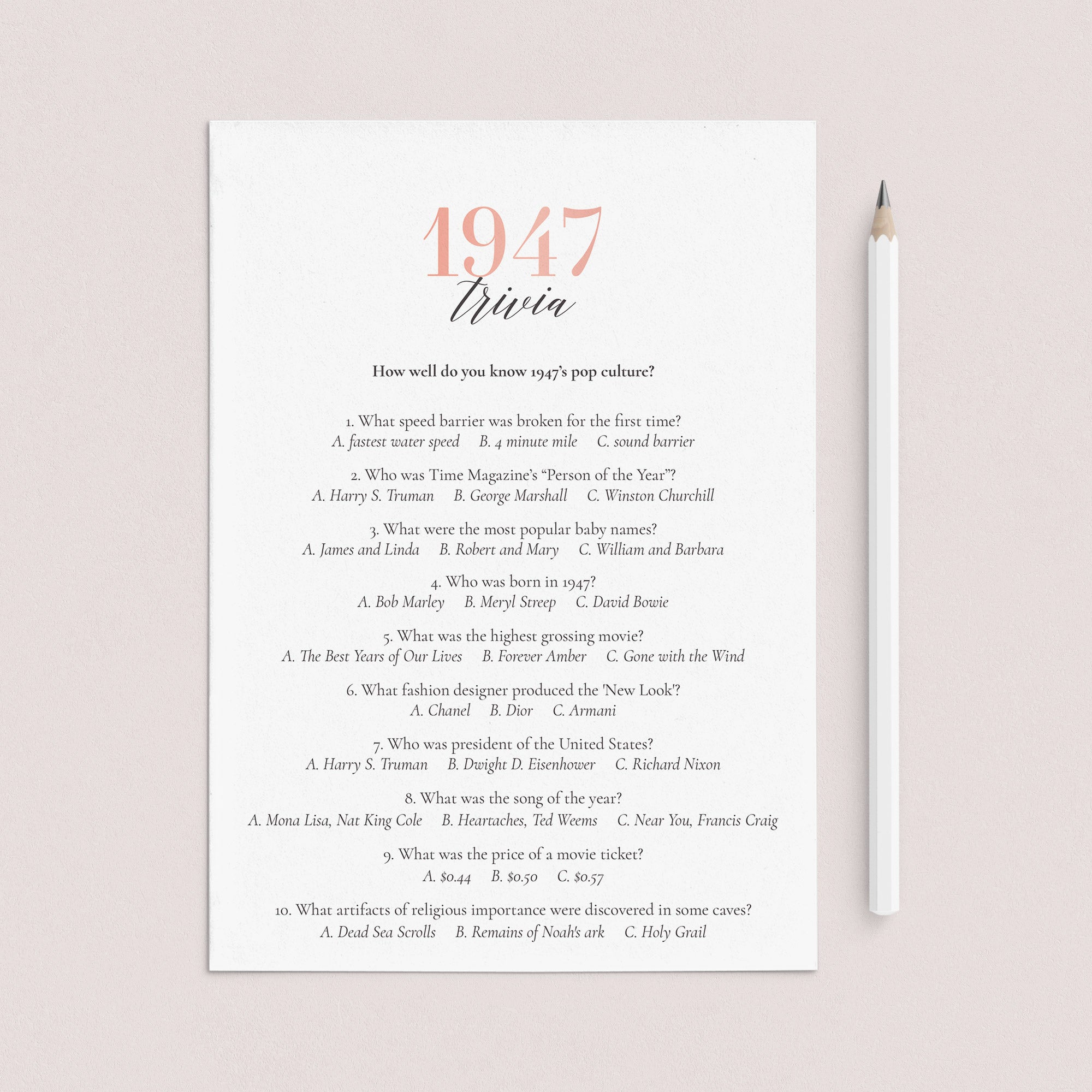 1947 Trivia Questions and Answers Printable by LittleSizzle