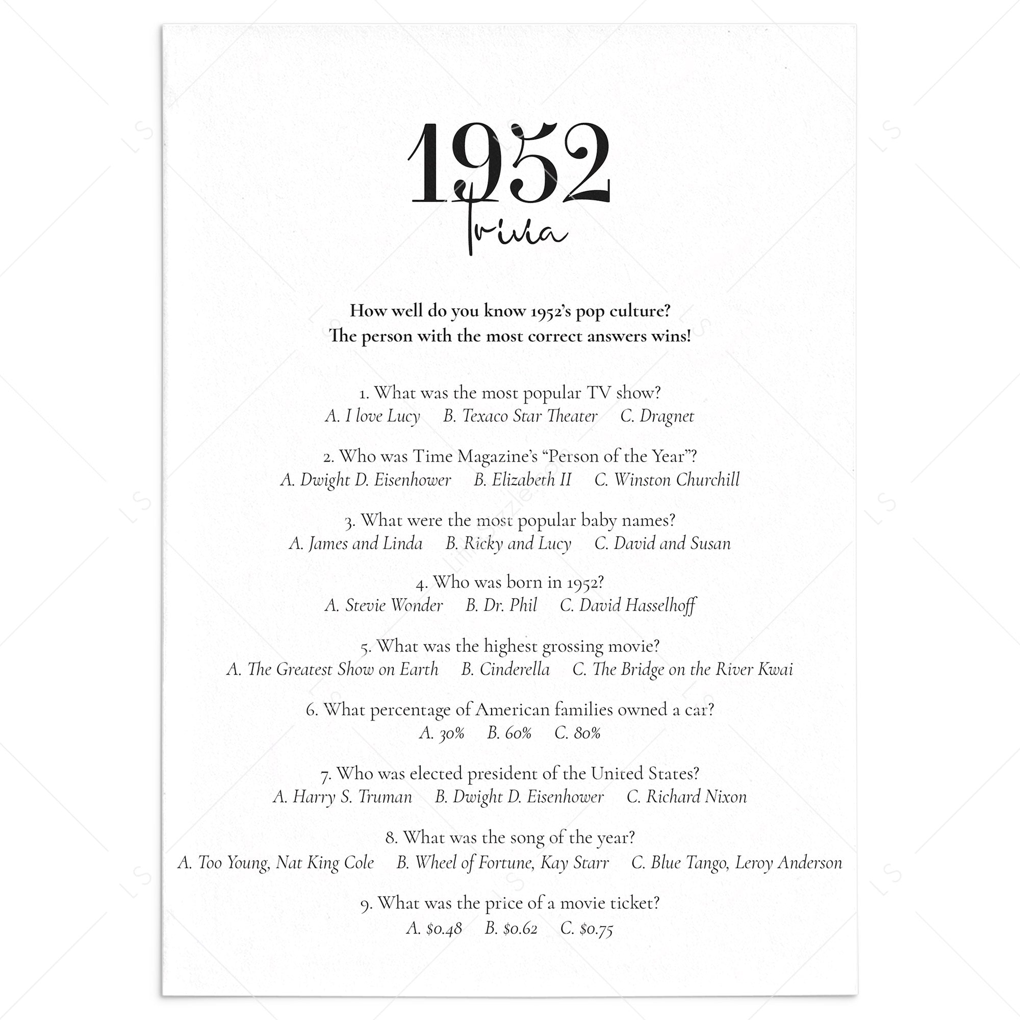 1952 Trivia with Answers Printable by LittleSizzle