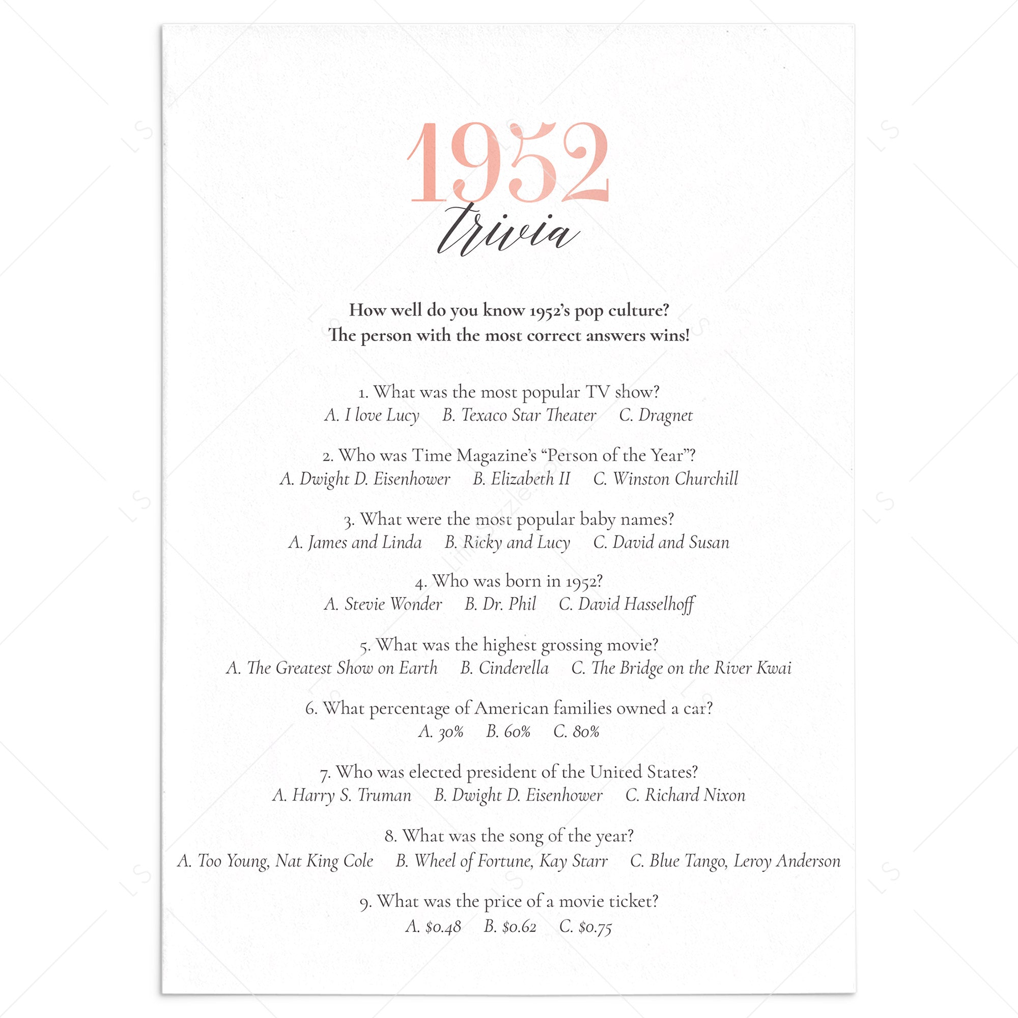 1952 Trivia Questions and Answers Printable by LittleSizzle
