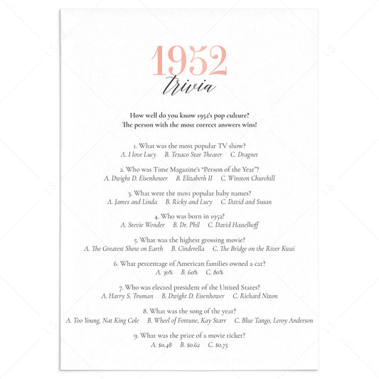 1952 Trivia Questions and Answers Printable by LittleSizzle