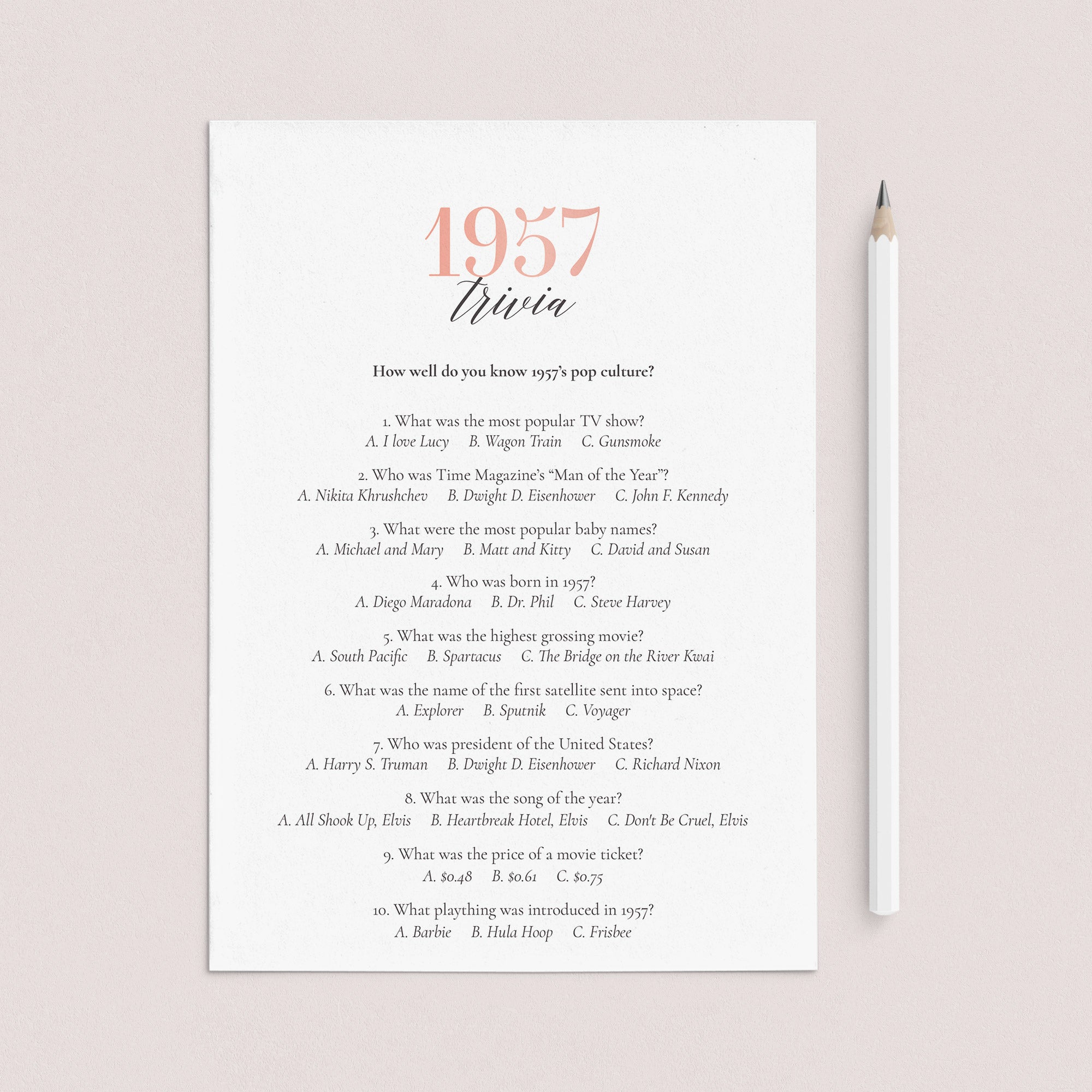 1957 Trivia Questions and Answers Printable by LittleSizzle