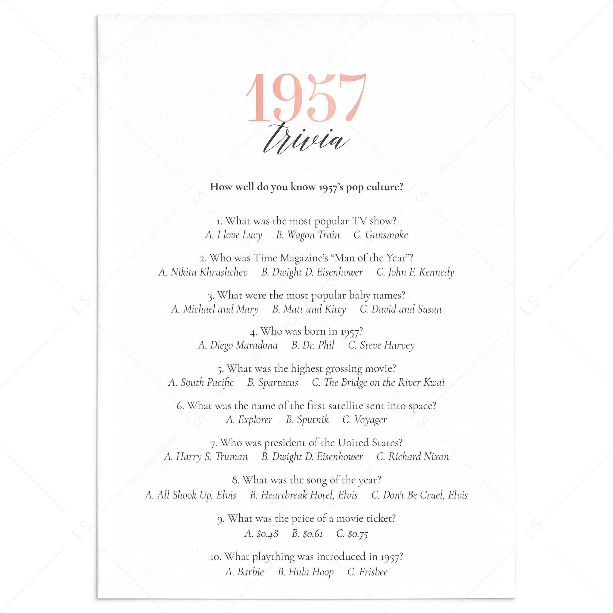 1957 Trivia Questions and Answers Printable by LittleSizzle