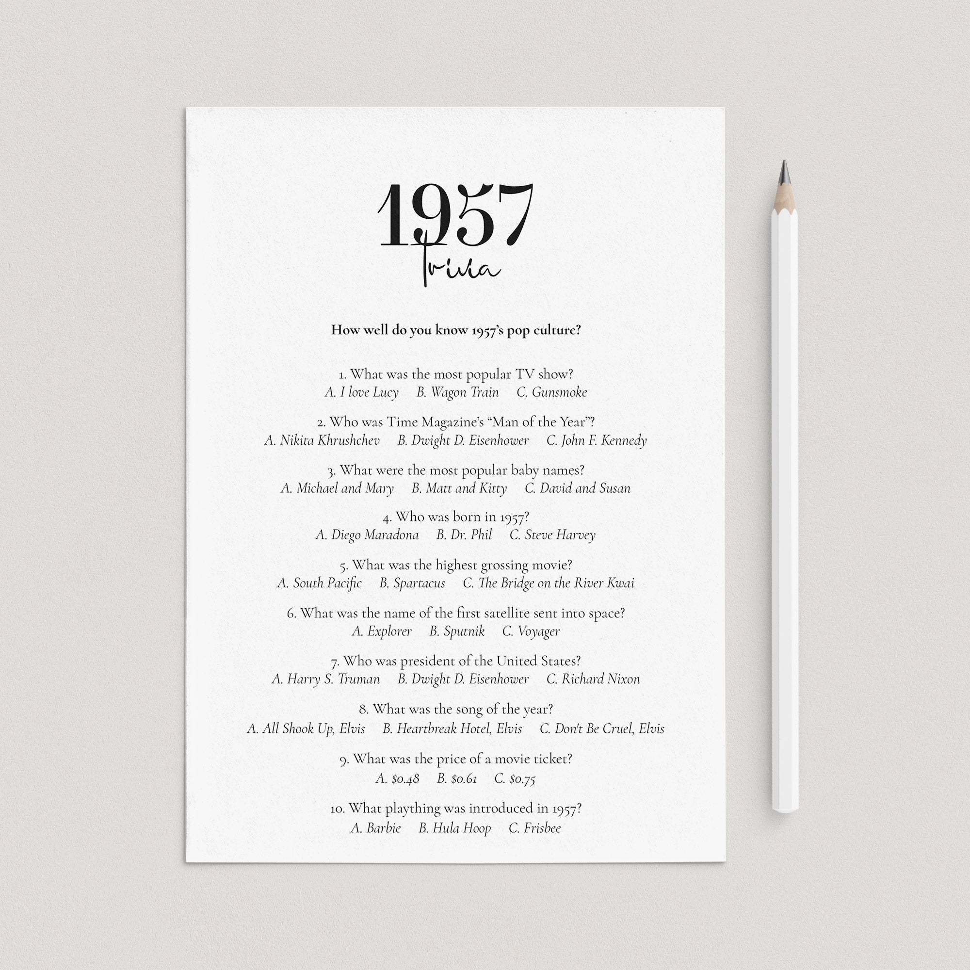 1957 Trivia with Answers Printable by LittleSizzle