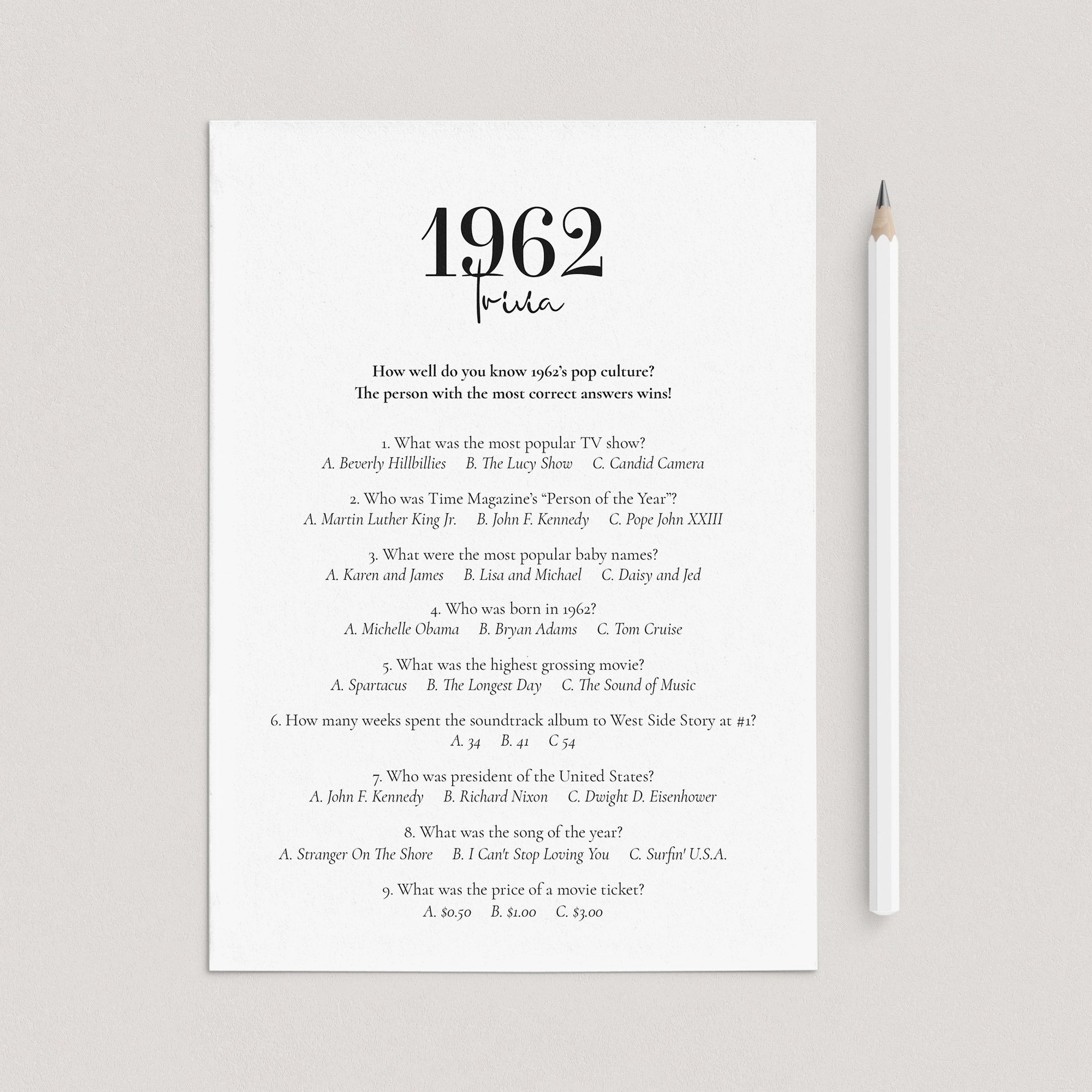 1962 Quiz with Answer Key Printable by LittleSizzle