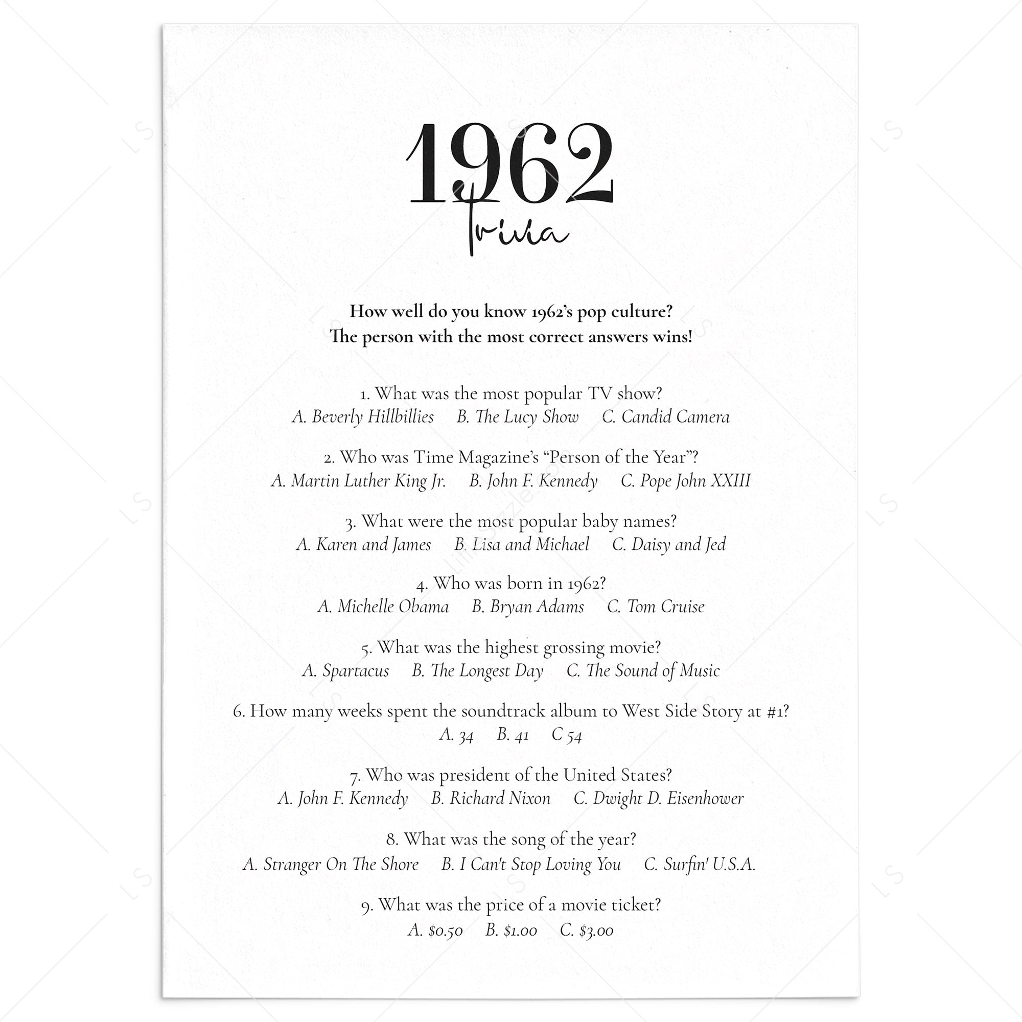 1962 Quiz with Answer Key Printable by LittleSizzle