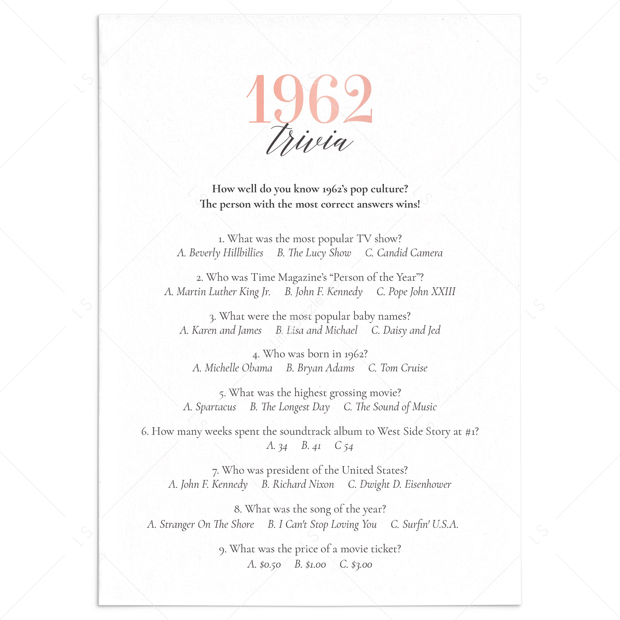 1962 Trivia Questions with Answers Printable by LittleSizzle