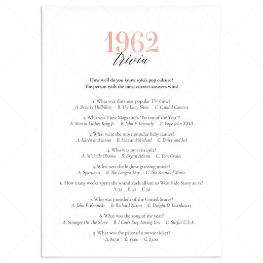 1962 Trivia Questions with Answers Printable by LittleSizzle