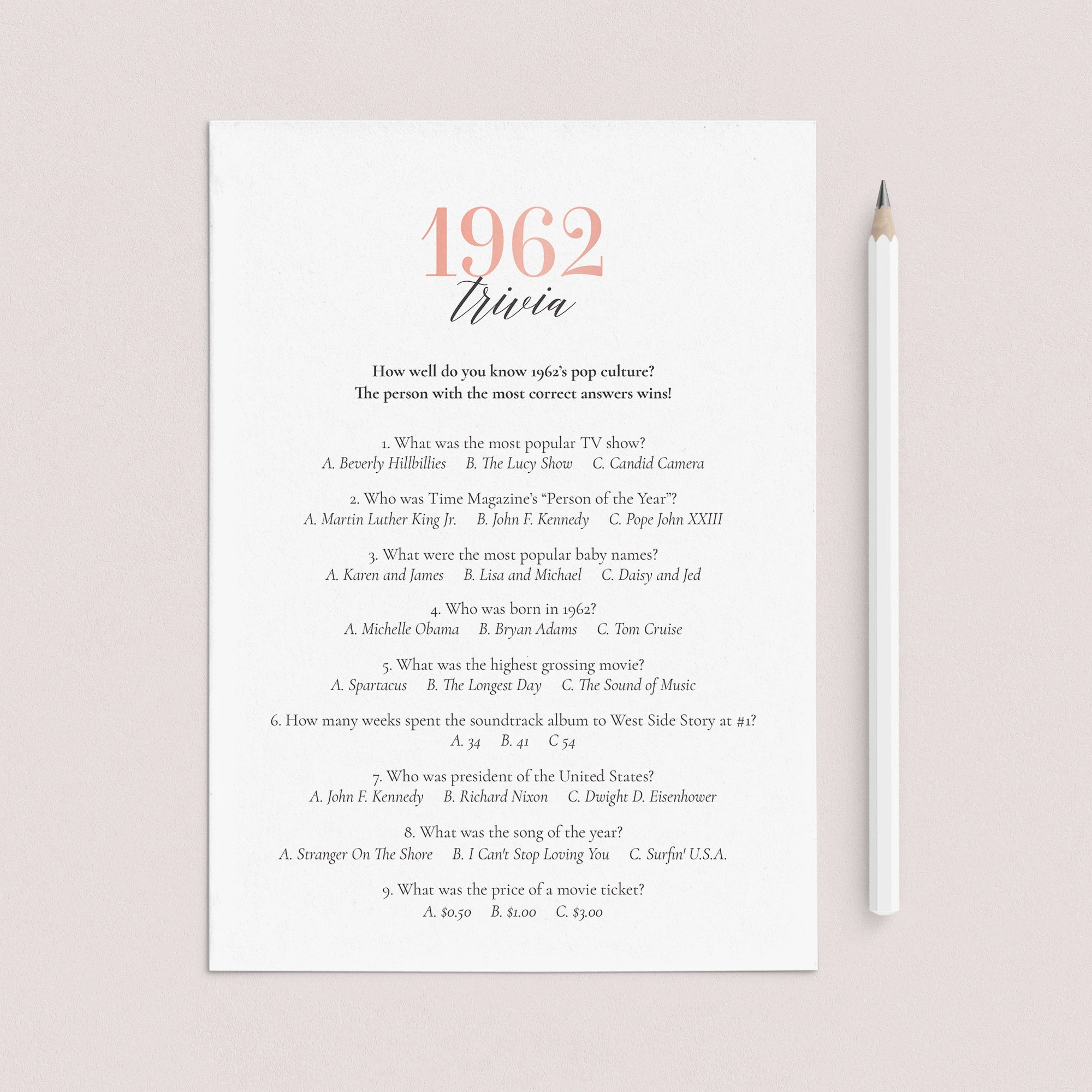 1962 Trivia Questions with Answers Printable by LittleSizzle