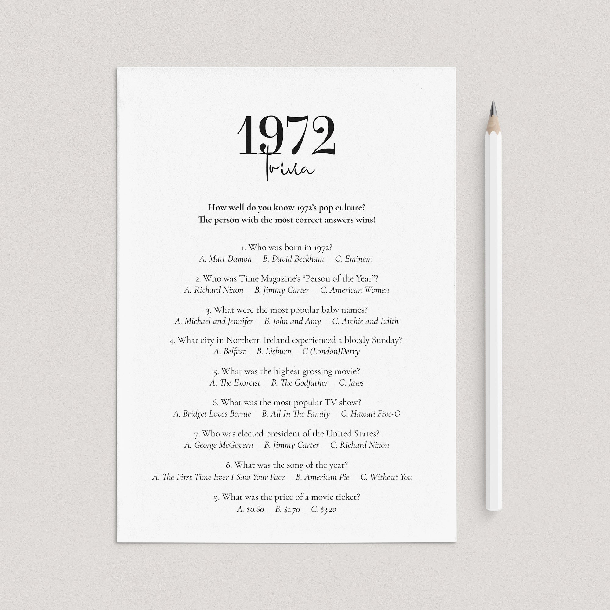 1972 Trivia Questions and Answers Printable by LittleSizzle