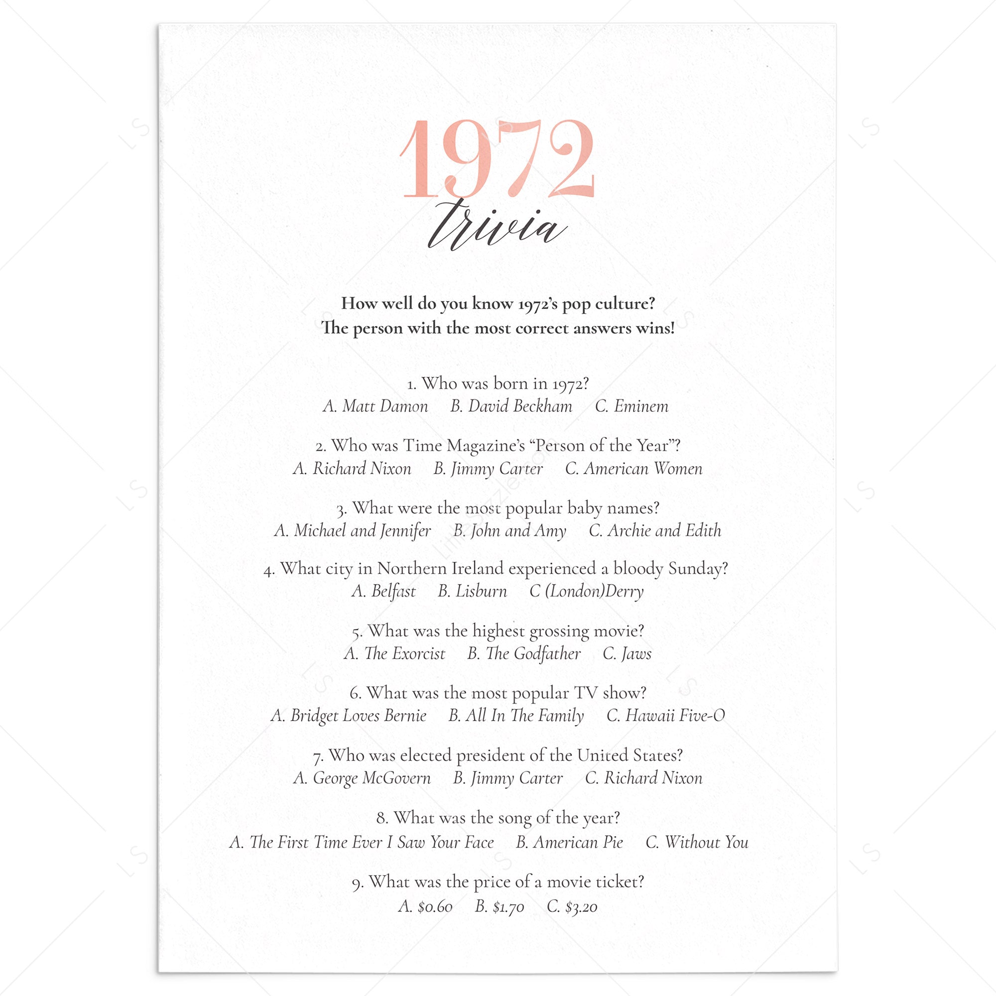 1972 Trivia Game with Answers Printable by LittleSizzle