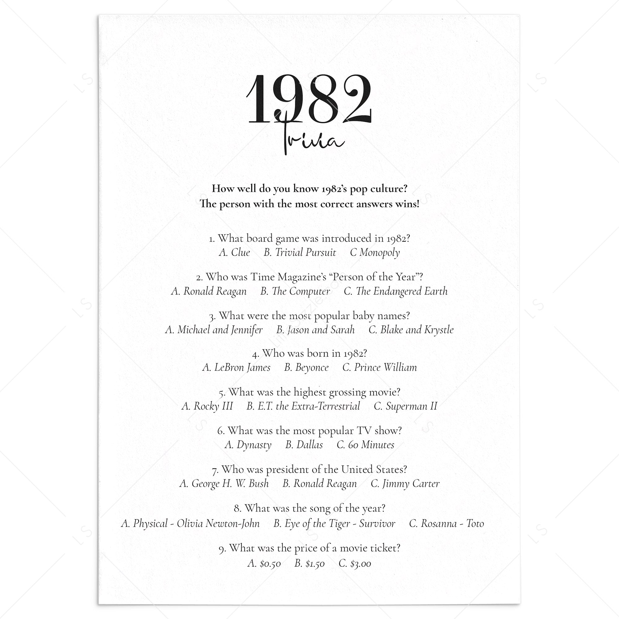 1982 Quiz Questions and Answers Printable by LittleSizzle