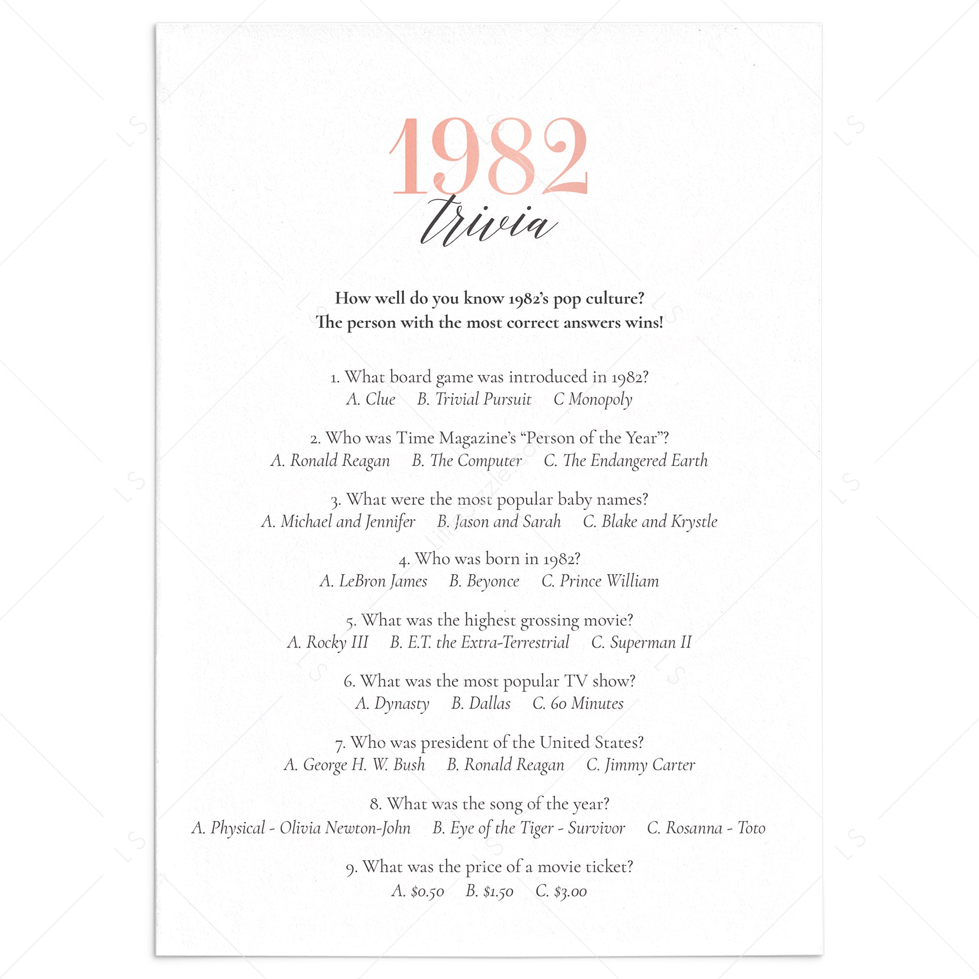 1982 Trivia Game with Answers Printable by LittleSizzle