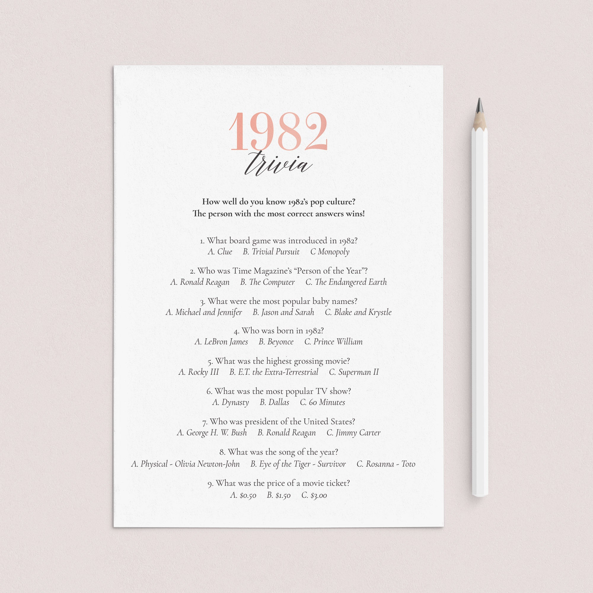 1982 Trivia Game with Answers Printable by LittleSizzle
